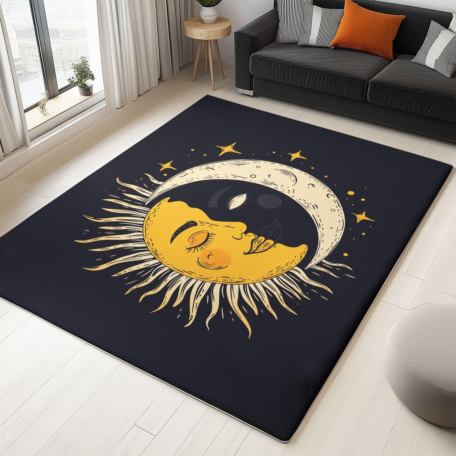 Noir Imprimé Tapis de Salon Lavable 160x230 cm Soleil Lune, Tapis Antidérapant à Poils Courts Doux pour Chambre Cuisine Entrée D'intérieur Décoration