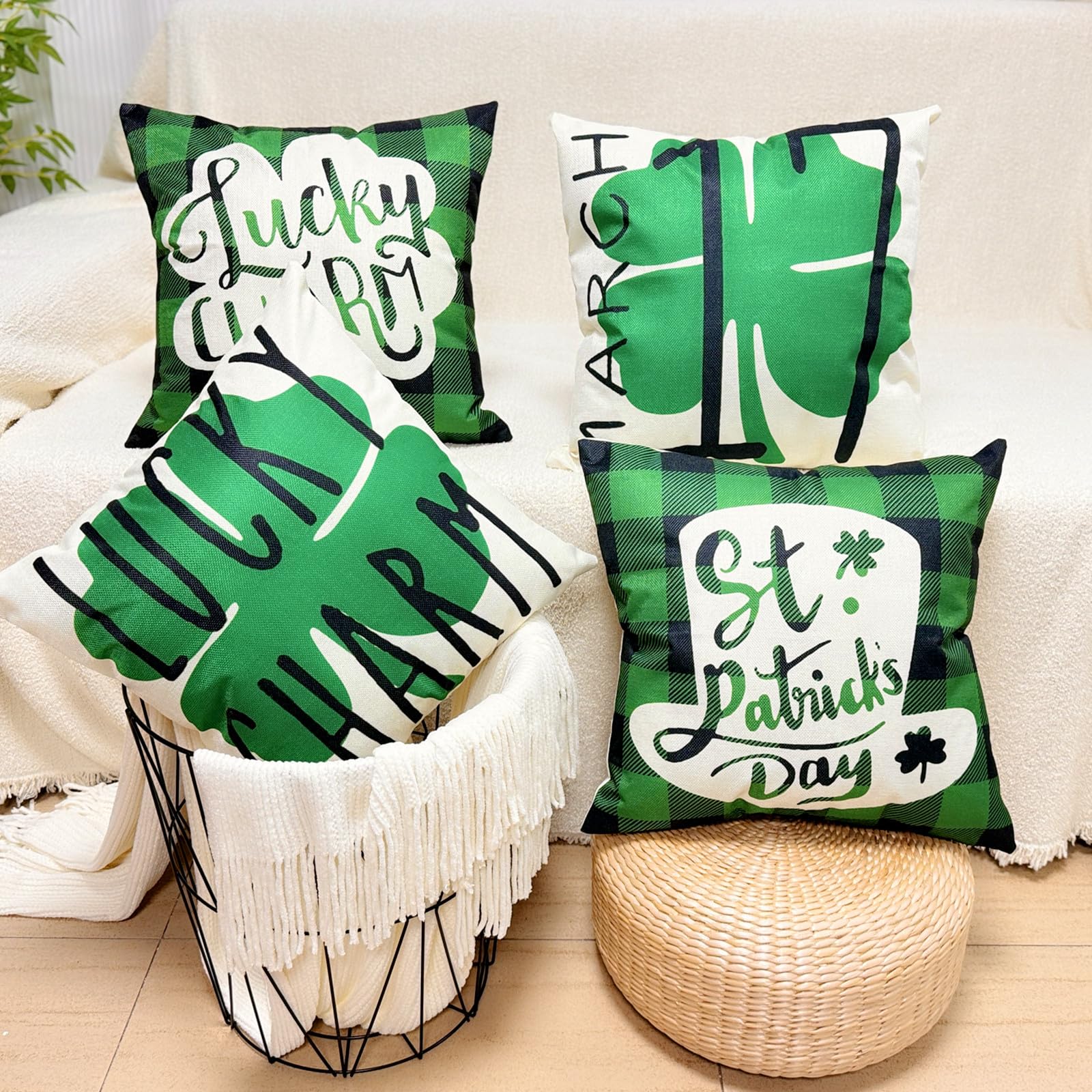 GEEORY St. Patrick’s Day Kissenbezüge – 4er Set, 45,7 X 45,7 Cm, Mit Kleeblatt-Motiven, Aus Polyester