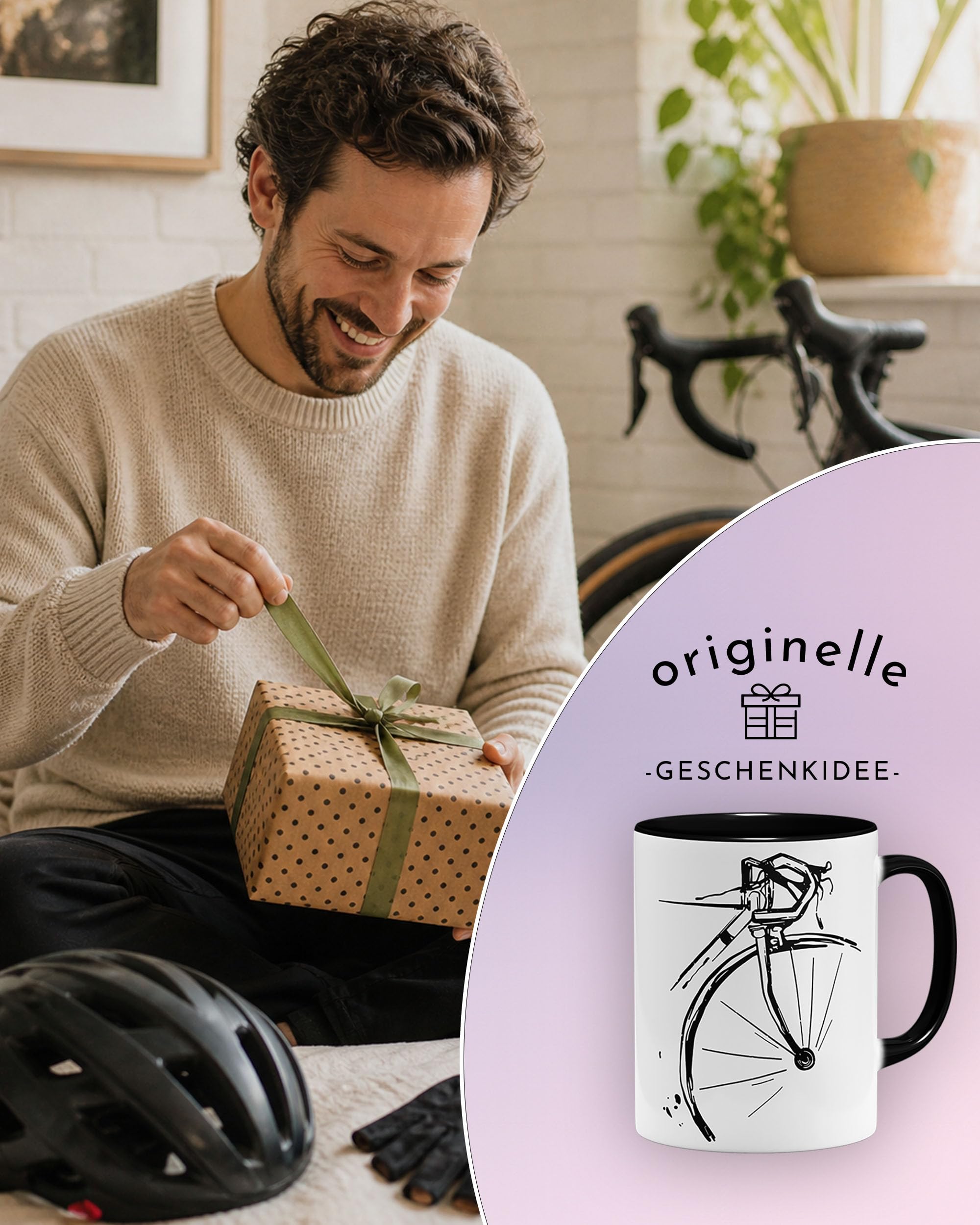 OM3® Fahrrad Kaffee-Tasse - Vintage Rennrad Design - Geschenkidee für Fahrradfahrer Radfahrer Biker MTB Rennradler Cycle - Keramik Becher - 325ml - Beidseitig Bedruckt