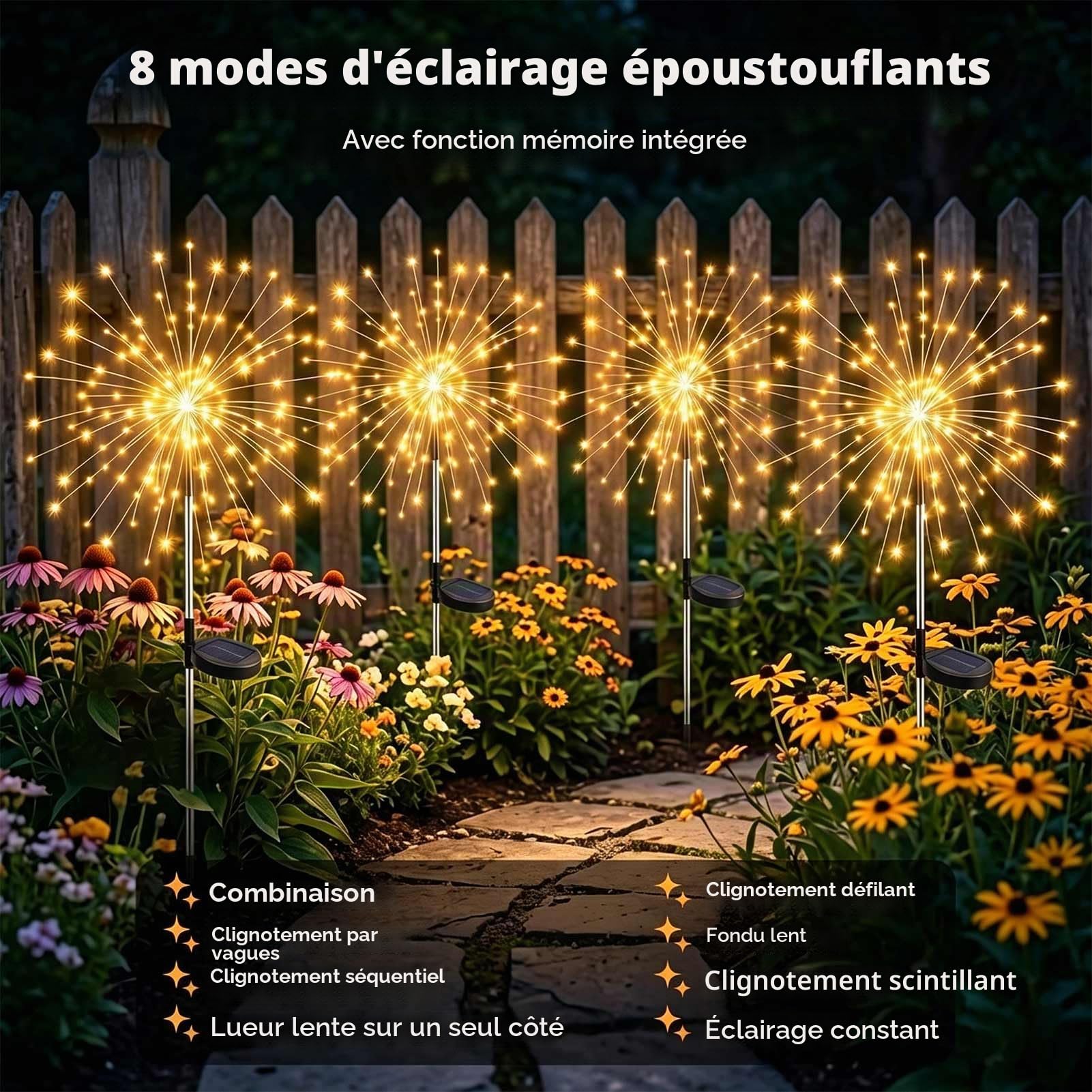 Joycome Lampe Solaire Exterieur 4 Pièces 120 LED Feux d'artifice Solaires | 8 Modes Lumière Solaires Extérieure IP65 Étanche pour Jardin Balcon Allée Terrasse Patio Cours Décoration(Blanc Chaud)