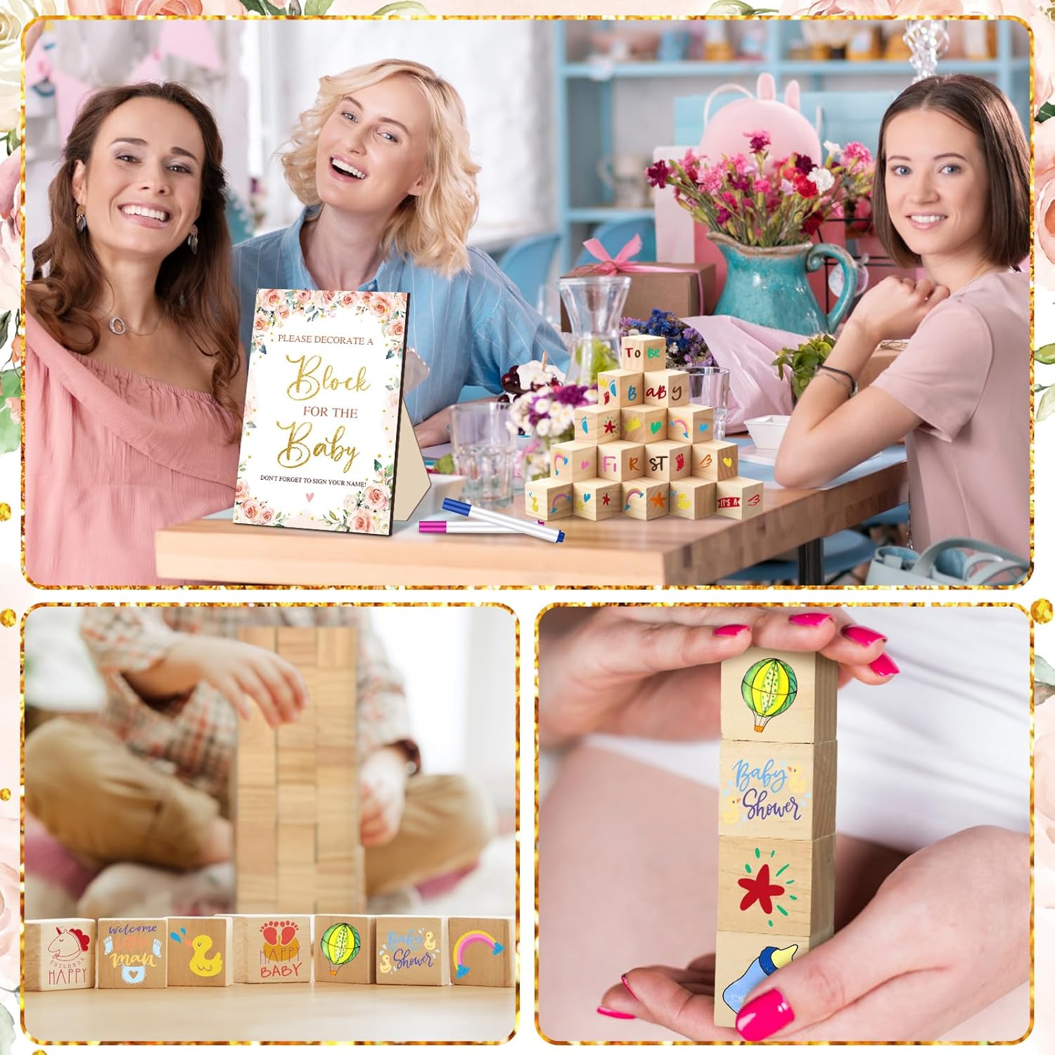 Tenceur 104 Pcs Baby Shower Game Sign Set Baby Shower Blocks to Decorate 54 DIY Blank Wooden Block 48 Watercolor Markers with Box Set for Games Gender Reveals Party Supplies