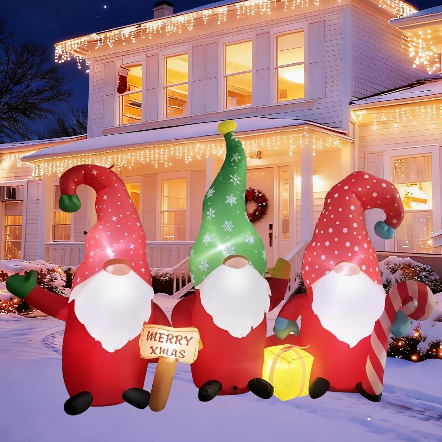 7.5FT Easter Inflatables Gnomes Sets,Outdoor Inflatable Gnomes with Candy Cane, Merry Xmas Sign and Gift Box Blow Up Yard Decor with LED Lights for Thanksgiving Garden