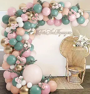 Sage Olive Green Blush Pink Peach Gold Boho Balloons Balloon Garland Arch Kit Safari Wild One Jungle Baby Shower Birthday Party Decorations for Boy Girl, Artificial Vines Eucalyptus Garland