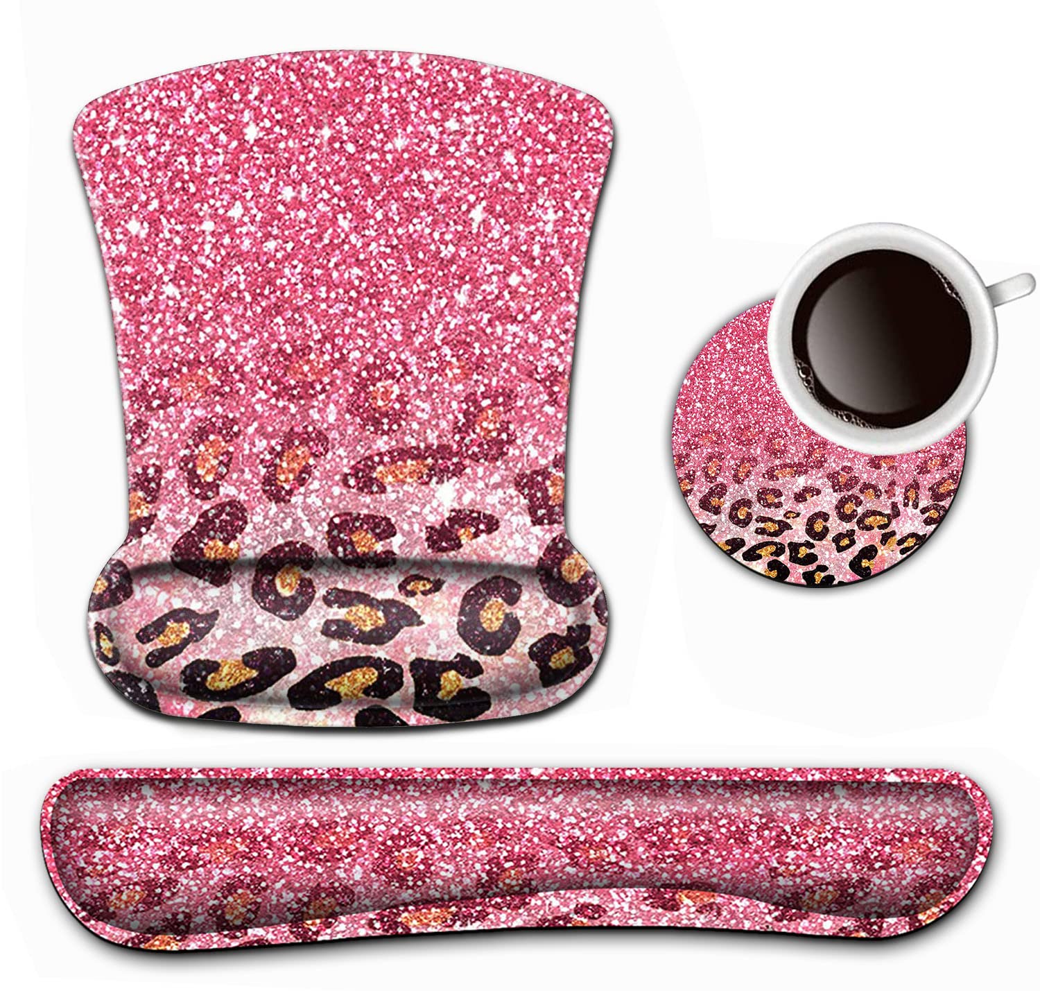 Keyboard Wrist Rest and Mouse Pad Wrist Support Set ,Cute Pink Faux Glitter Leopard