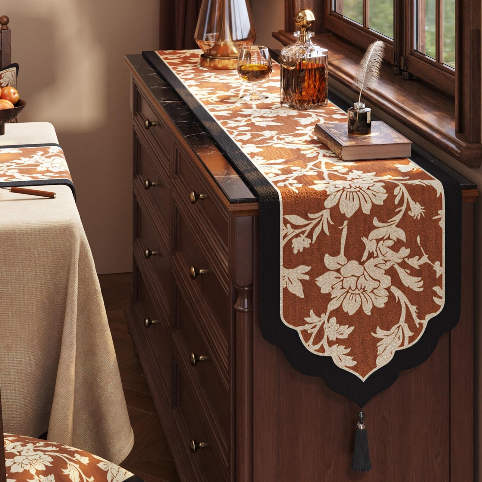 Vintage Chinese Style Table Runner, Thick Chenille Anti-Scratch Wrinkle Resistant Table Runner With Handmade Tassels For Sideboard Cabinet(Big flower,140cm/55.1in)