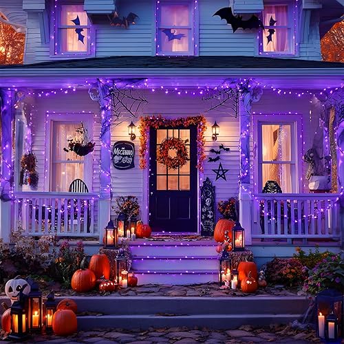 Miniatura 5 de JMEXSUSS 600 luces LED solares moradas de Halloween, 206.7 pies, luces solares de Navidad impermeables para exteriores, 8 modos de luces moradas