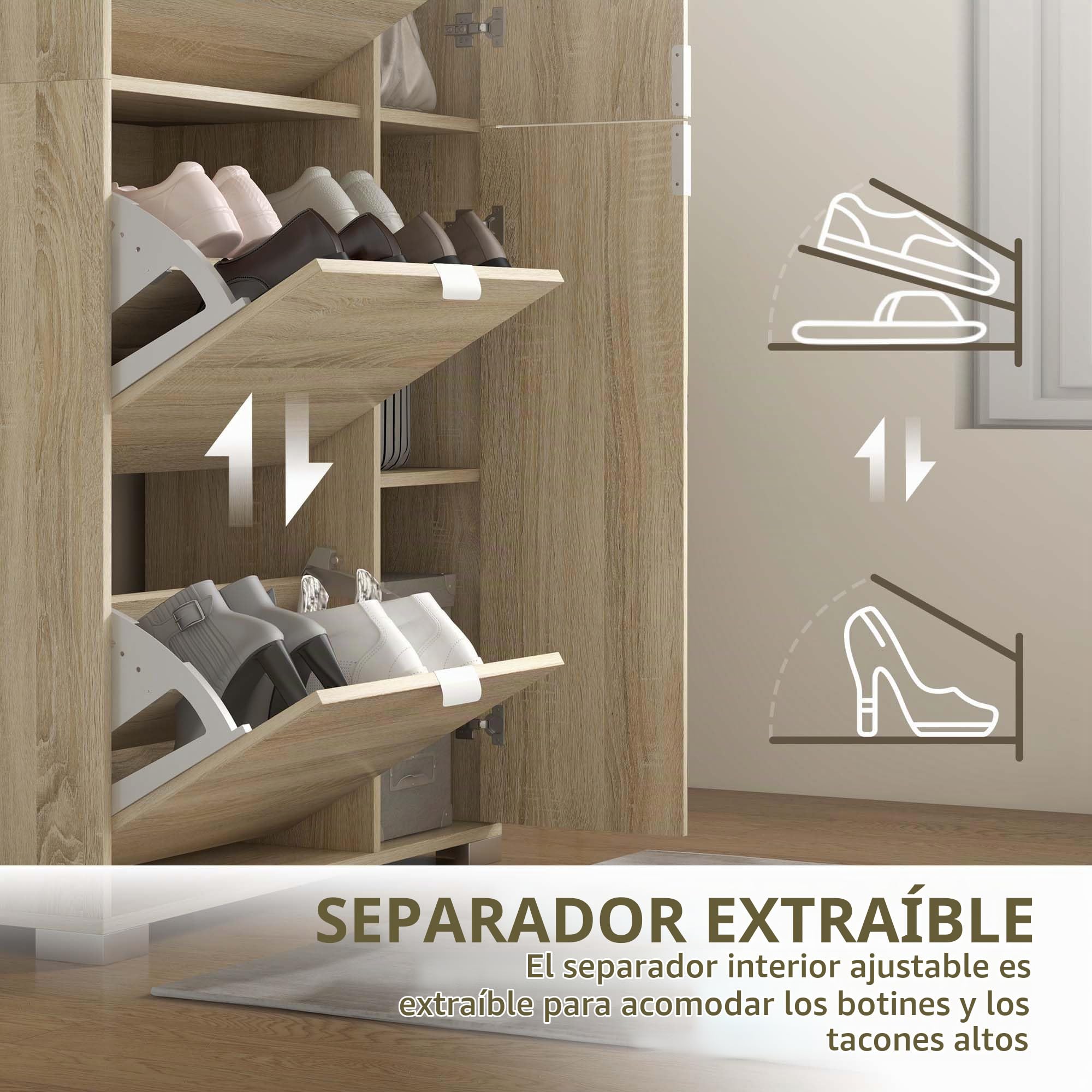 HOMCOM - Mueble para zapatos, con 2 armarios, 4 tapas y fachadas Espejo, estantes ajustables para 16 pares de zapatos, roble