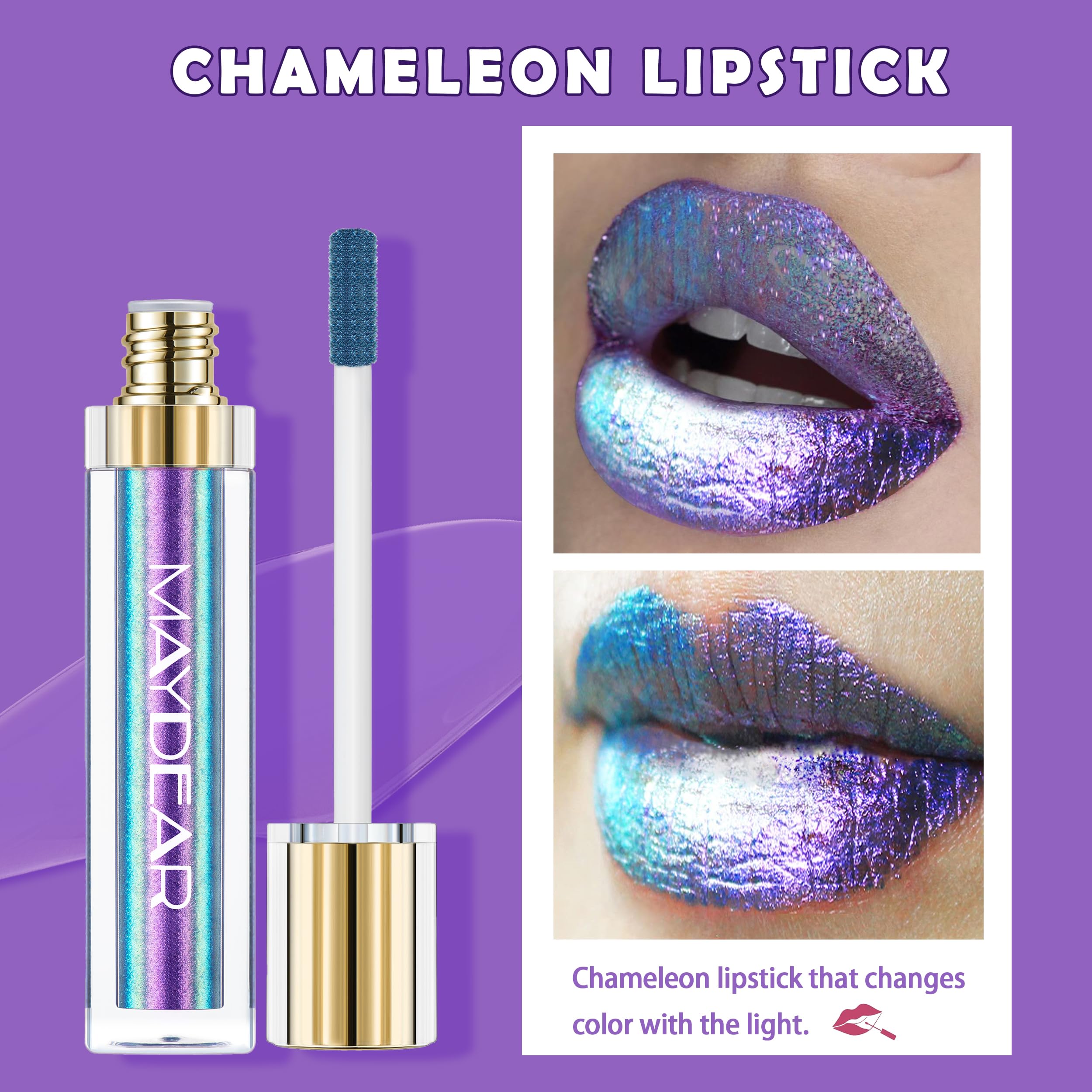 Maydear Chamäleon-Lippenstift, langlebiger, wasserfester, bunter, diamantschimmernder Lipgloss für Frauen und Mädchen, Make-up-Set
