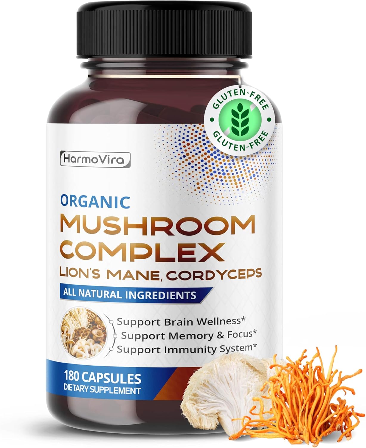 Organic Mushroom Complex with Lion's Mane, Cordyceps & Turkey Tail – Brain, Memory & Immune Support – 180 Capsules (6-Month Supply)