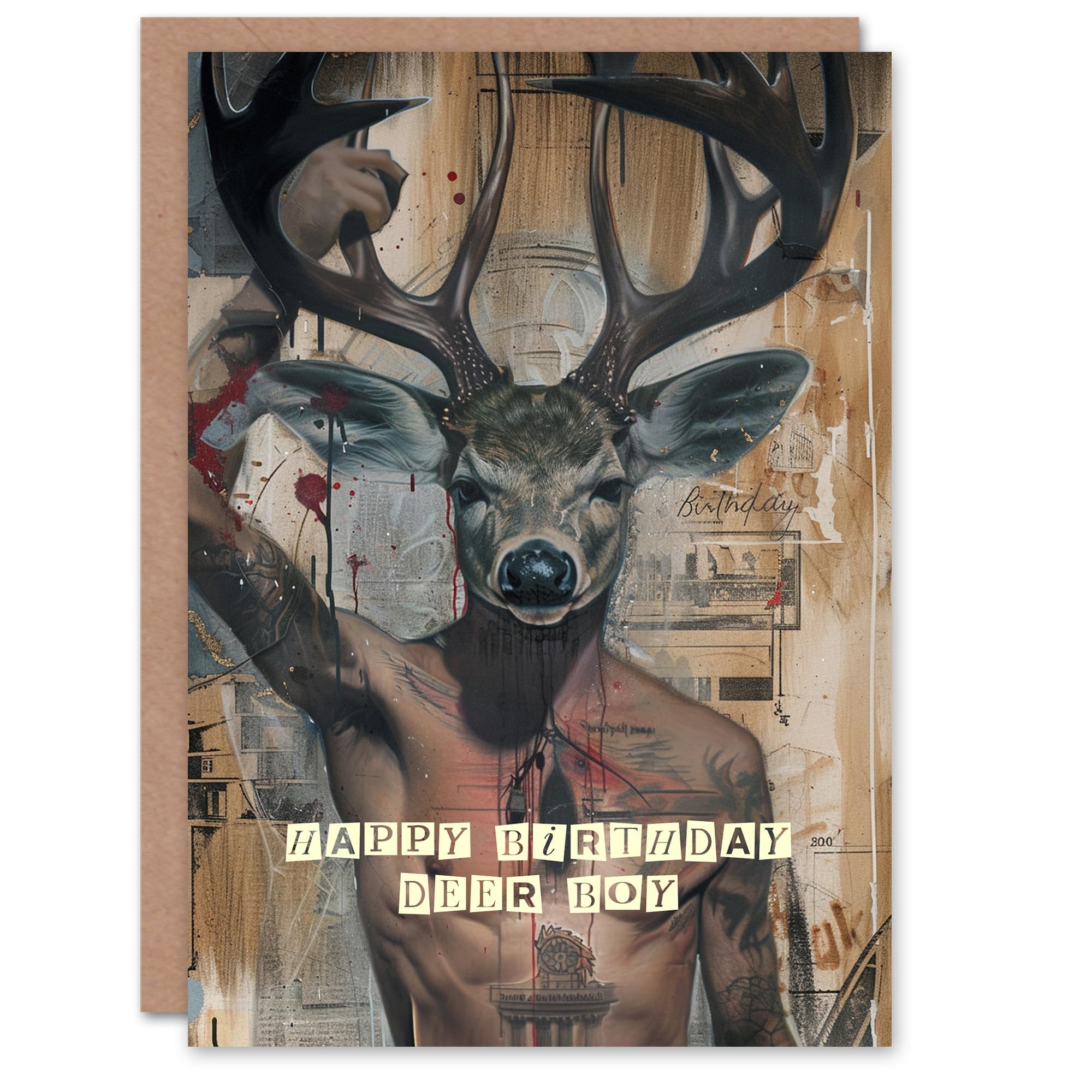Artery8 Birthday Card Abstract Deer Boy Head Man Tattoo Punk Drawing For Him Man Male Dad Brother Son Papa Grandad Greeting Card