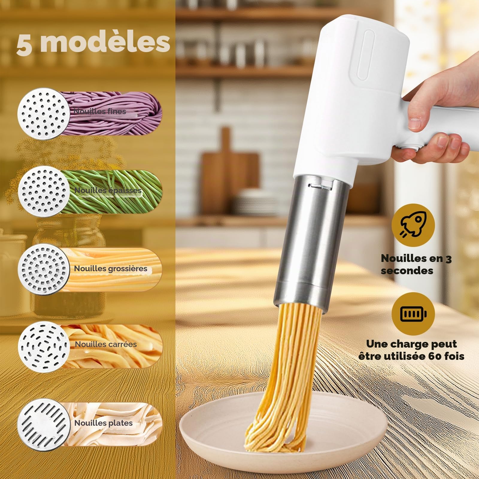 Machine a pate électrique portative, laminoir a pate fraiche portable amovible, Appareil de cuisine automatique, Machine à nouilles multifonctionnelle 2000 mAh avec 5 Moules.