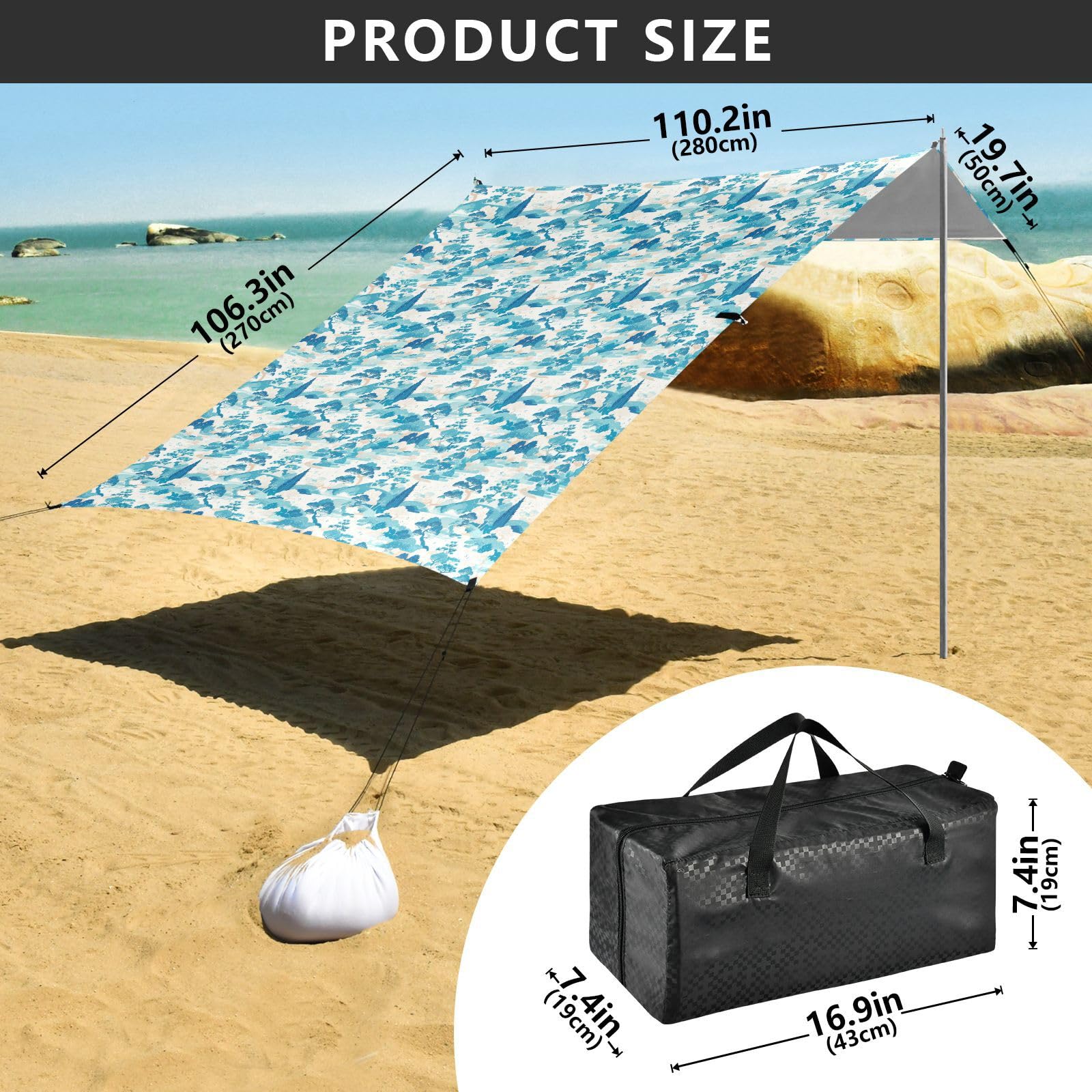 Turquoisrees Baldacchino pieghevole da spiaggia, protezione UPF50+, leggero, portatile, con tasche per sabbia, per viaggi in famiglia