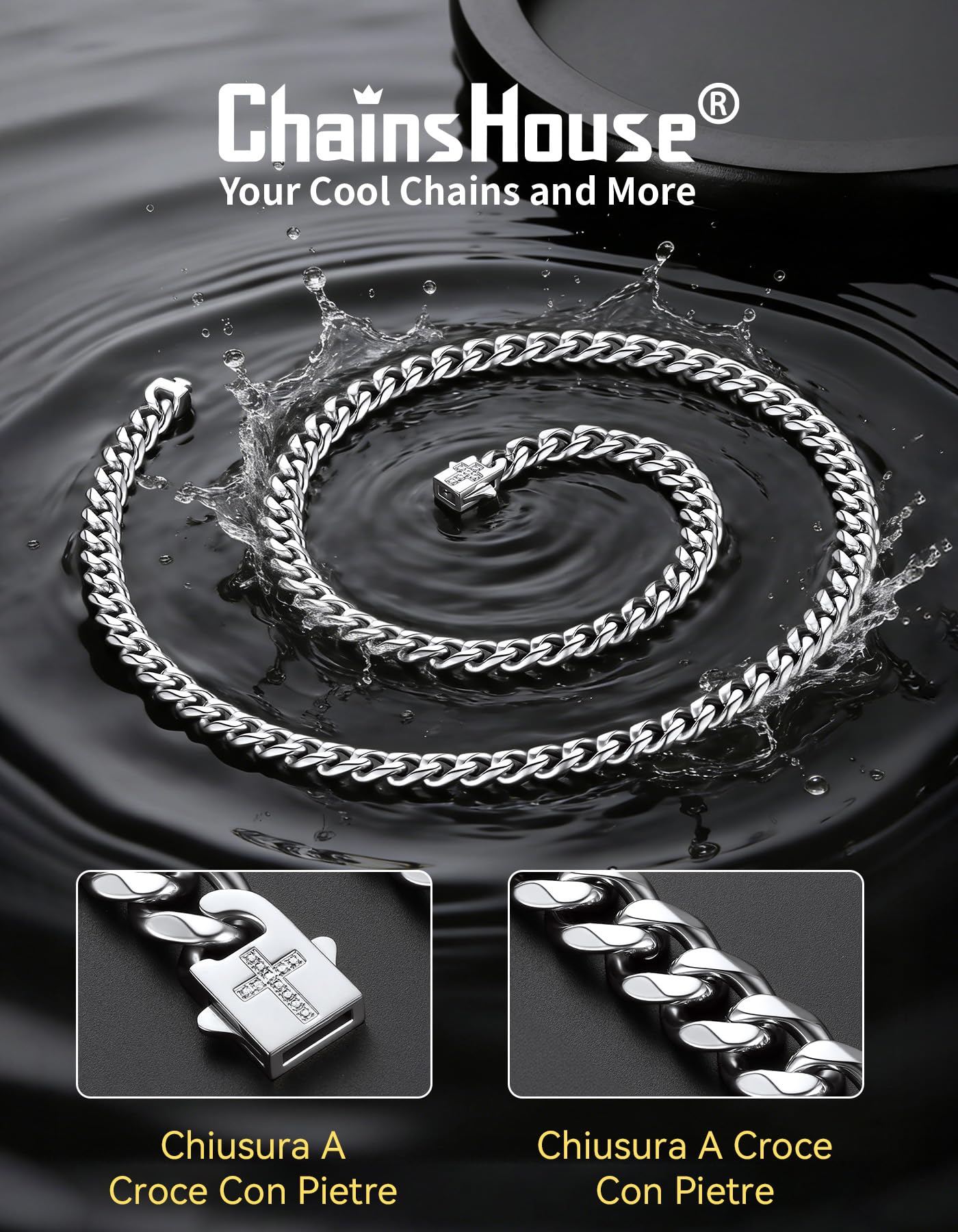 ChainsHouse Collana da Uomo in Acciaio Inossidabile a Catena Cubana con Chiusura a Croce in Zirconi, Gioielli Stile HipHop Punk Regalo per Uomo Donna, Catena Larga 6 mm Colore Argento/Oro/Nero