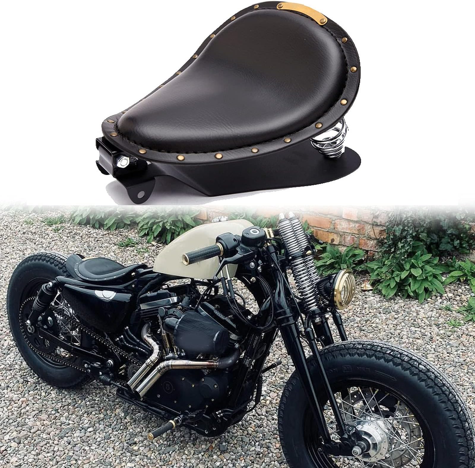 Black Motorcycle Rivet Solo Seat Spring Bobber With Base Plate Compatible with Harley Chopper Bobber Sportster XL883 1200 48 Chopper