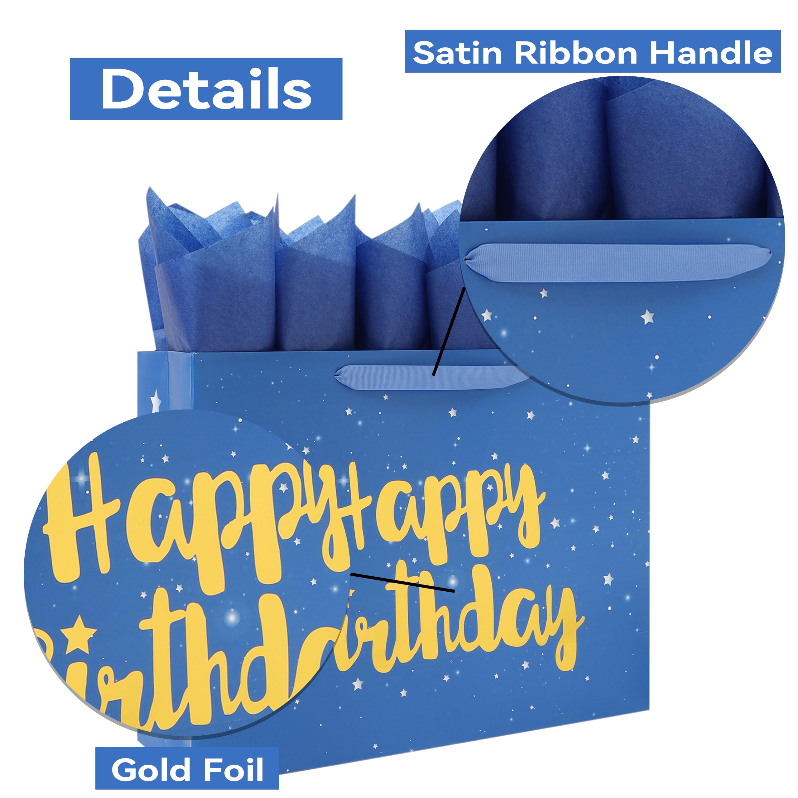 Qirrmiy 16.5” Extra Large Blue Happy Birthday Gift Bag Set with Handles, Greeting Card, Tissue Papers and Stickers for Men Boys Kids, Husband, Father, Stars Design, 1 Pcs
