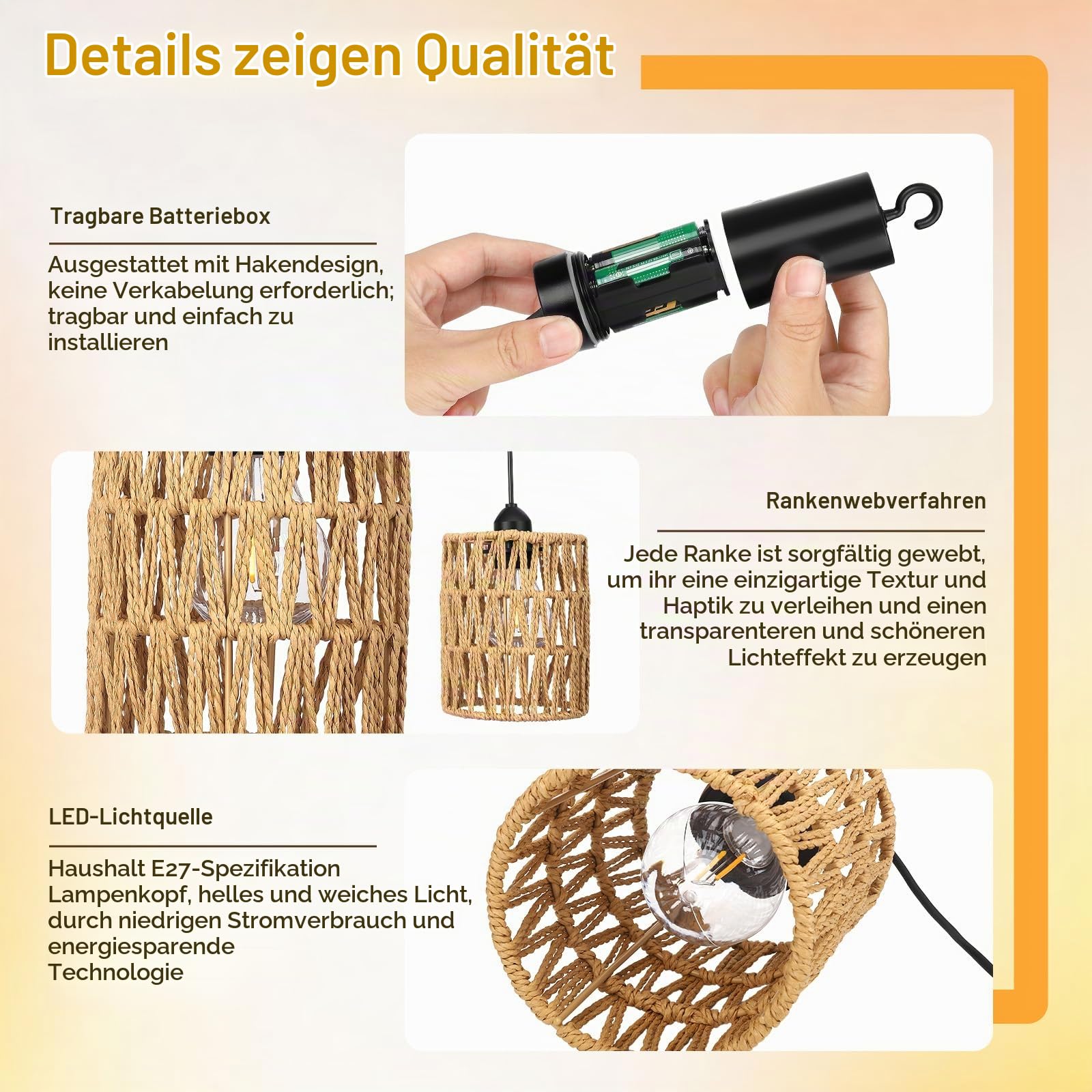 3er Set Hängelampen mit Fernbedienung - Dimmbare Rattan Pendelleuchte IP44 Wasserdicht - Boho Hängeleuchte für Garten, Terrasse, Wohnzimmer - Innen & Außen ohne Stromanschluss - Batteriebetrieben