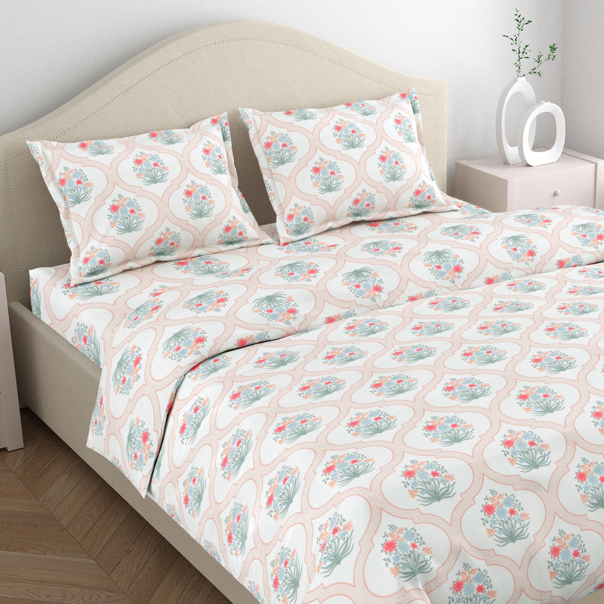 haus & kinder 100% Cotton Queen Size Bedsheet for Double Bed, 1 Cotton Bed Sheet for Double Bed (90 X 100 Inches) with 2 Pillow Covers | 186 TC | Pink White Floral 1 (B0DFWLL1ZR) Amazon Price History, Amazon Price Tracker
