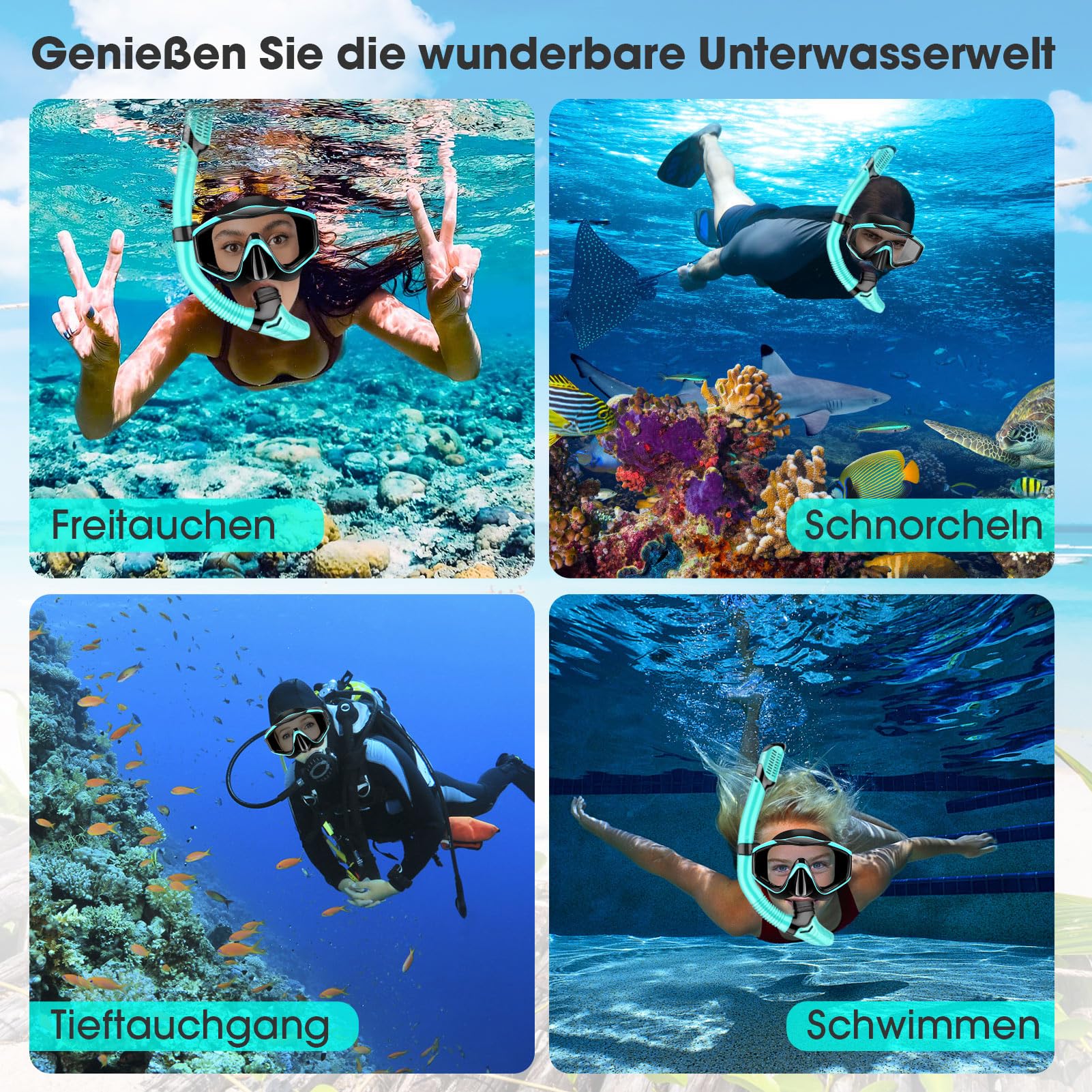 Nigecue Zestaw do snorkelingu dla dorosłych, z okularami do nurkowania i fajką Dry Fajka, maska zapobiegająca przeciekaniu, z hartowanego szkła, do nurkowania, pływania i nurkowania