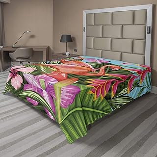 Ambesonne Flamingo Flat Sheet, Illustration of Animal Tropical Garden Hibiscus Flower Plant Vintage, Soft Comfortable Top Sheet Decorative Bedding 1 Piece, Queen Size, Green Pink Blue