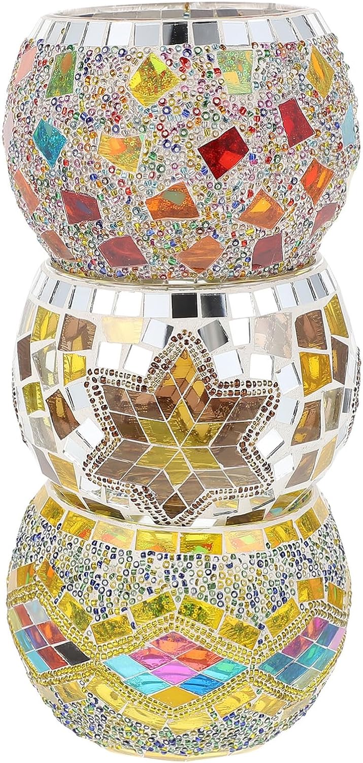 Artibetter European Mosaic Glass Candleholder Set 3pcs Wave Snowflake and Colorful Flag Designs, Banquet Table Candlestick for Romantic Dinner and Wedding Décor