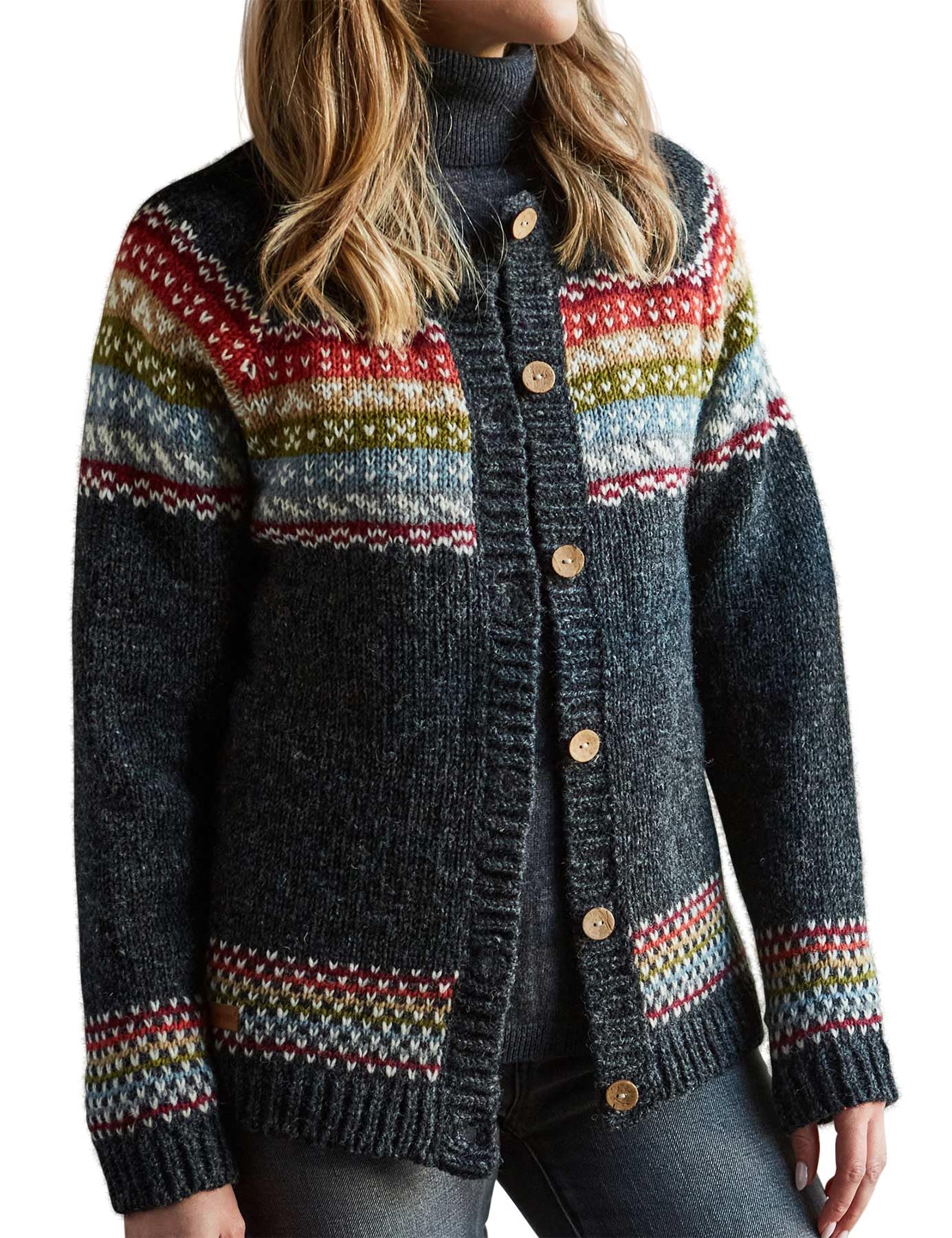 Pachamama Cardigan en laine fine tricotée à la main pour femme Fair Isle nordique anthracite coloré fait à la main chaud boutonné commerce équitable