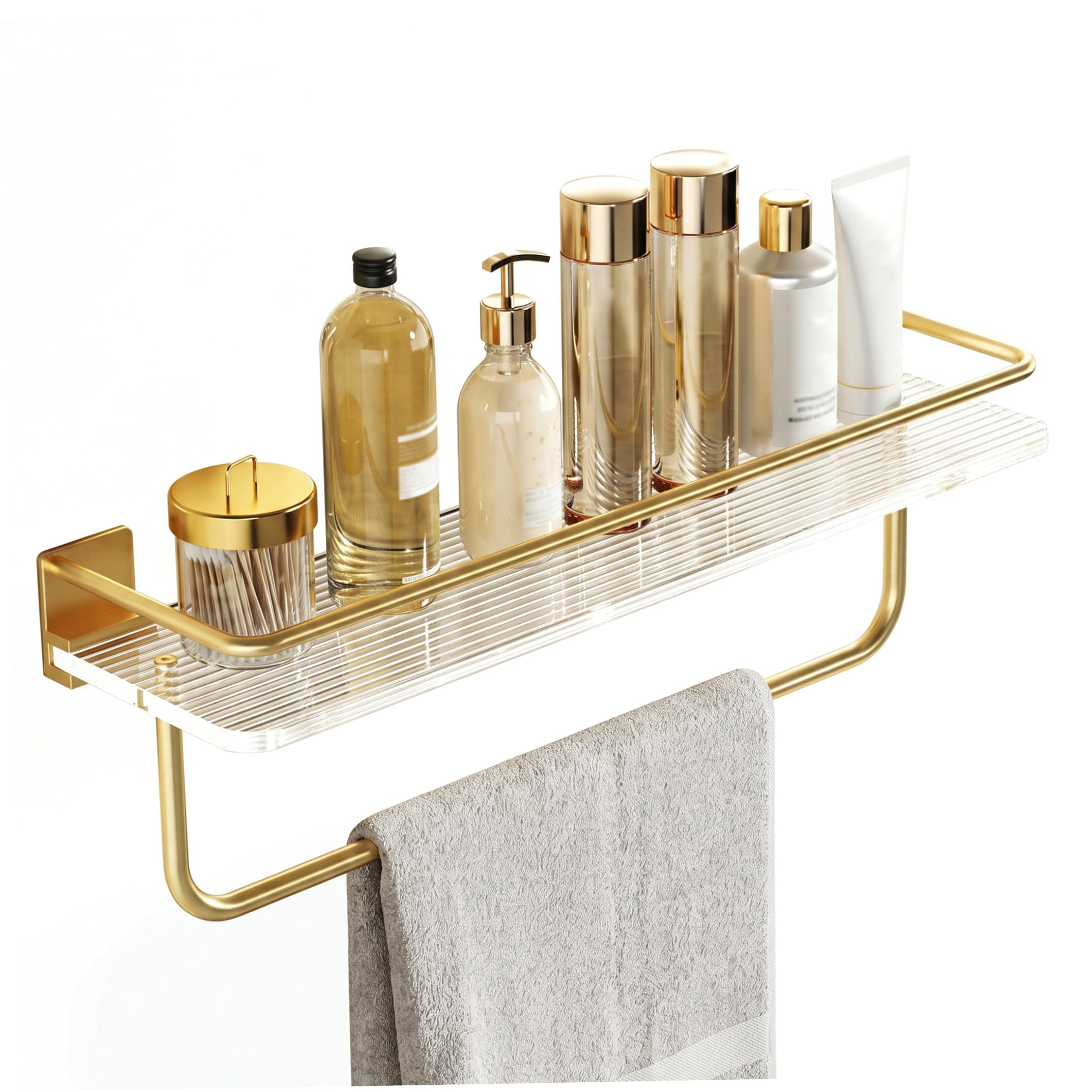 Bemonew Acrylic Floating Shelves, No-drill Floating Clear Shower Shelves with Pole, Wall-mounted Storage Shelf For Bedroom - 11.81 Inch