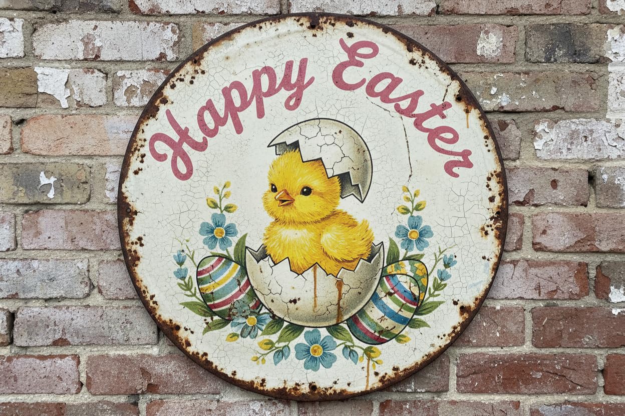 Vintage Egg Happy Easter Tin Sign Cute Chicken Retro Decor for Home Office Bar Cafe 12x12inch
