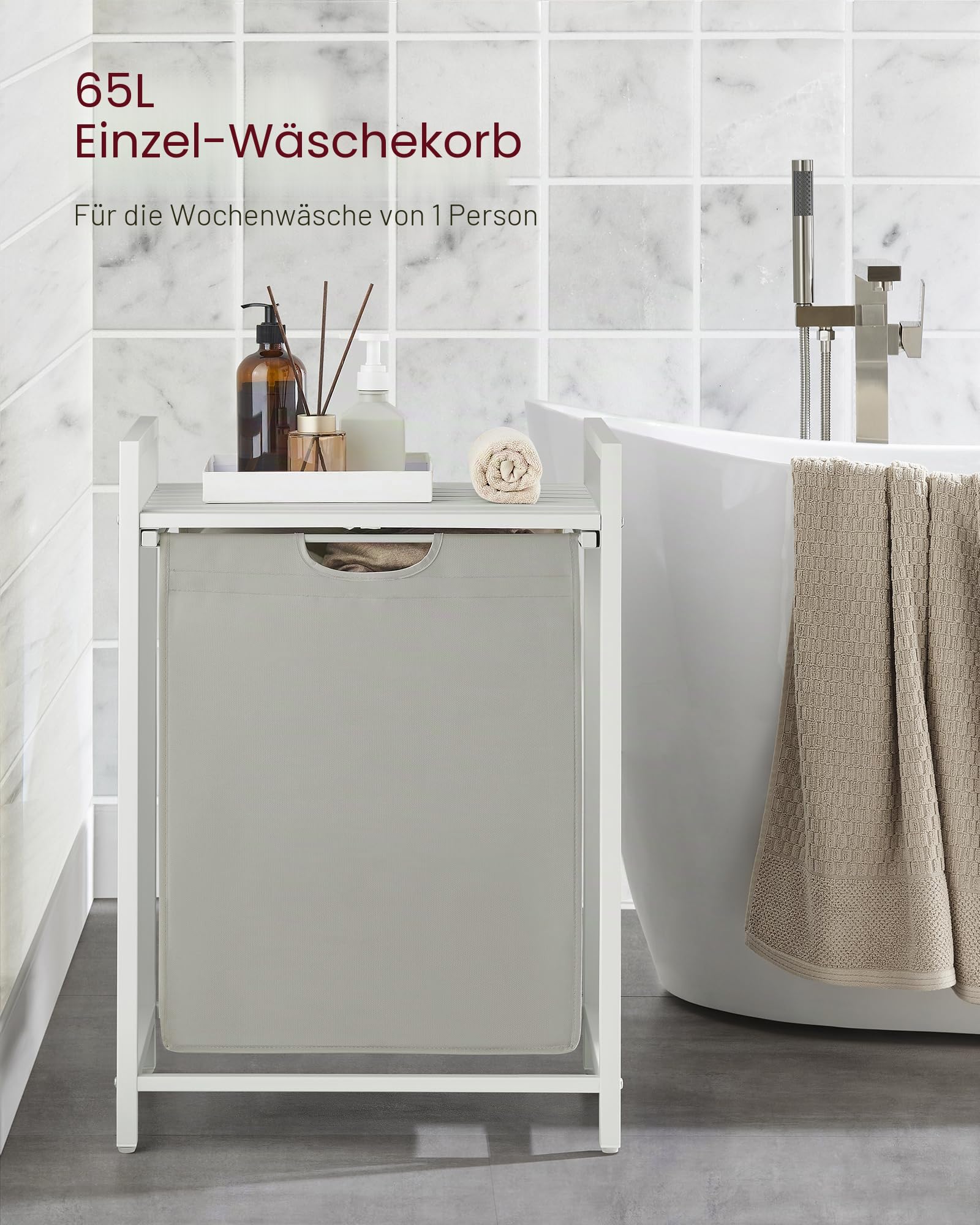 VASAGLE Wäschesammler, Wäschekorb, Wäschesortierer mit einem ausziehbaren und abnehmbaren Beutel, Regal, Metallrahmen, 17,2 Gallonen (65 L), 19,7 x 13 x 28,4 Zoll, Weiß UBLH101W01 | Wäschekorb, Wäschesortierer, 1 Abschnitt, Metallrahmen, Cremeweiß und Wol