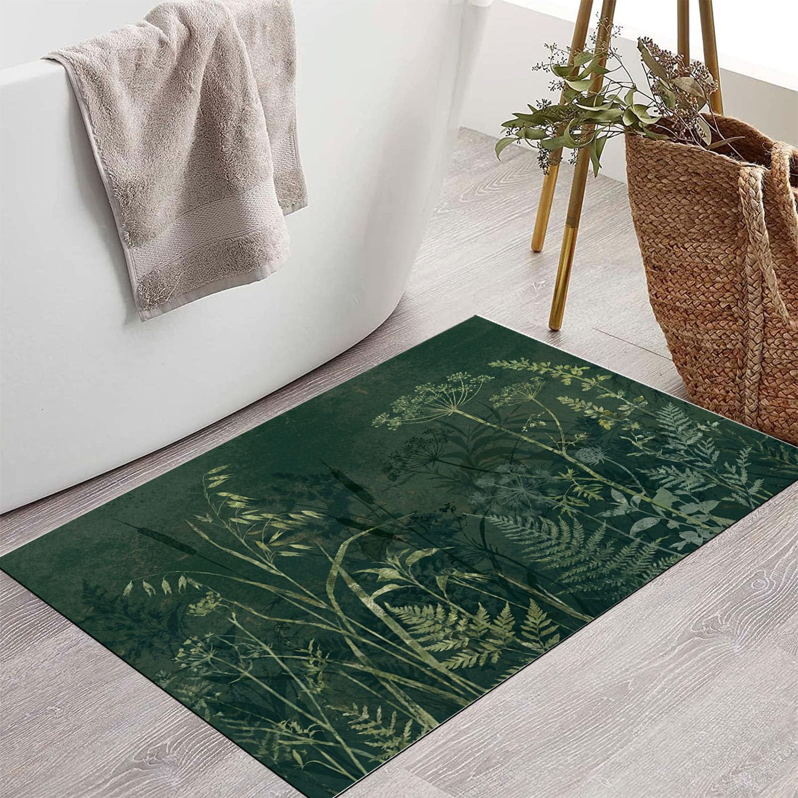 Felpudo Ultrafino para Interiores, 90X150Cm, Hiprato Brumosa Antigua Alfombra Antideslizante Lavable para Entrada, Resumen De Plantas Felpudo De Perfil Bajo, Atrapa Suciedad, Verde