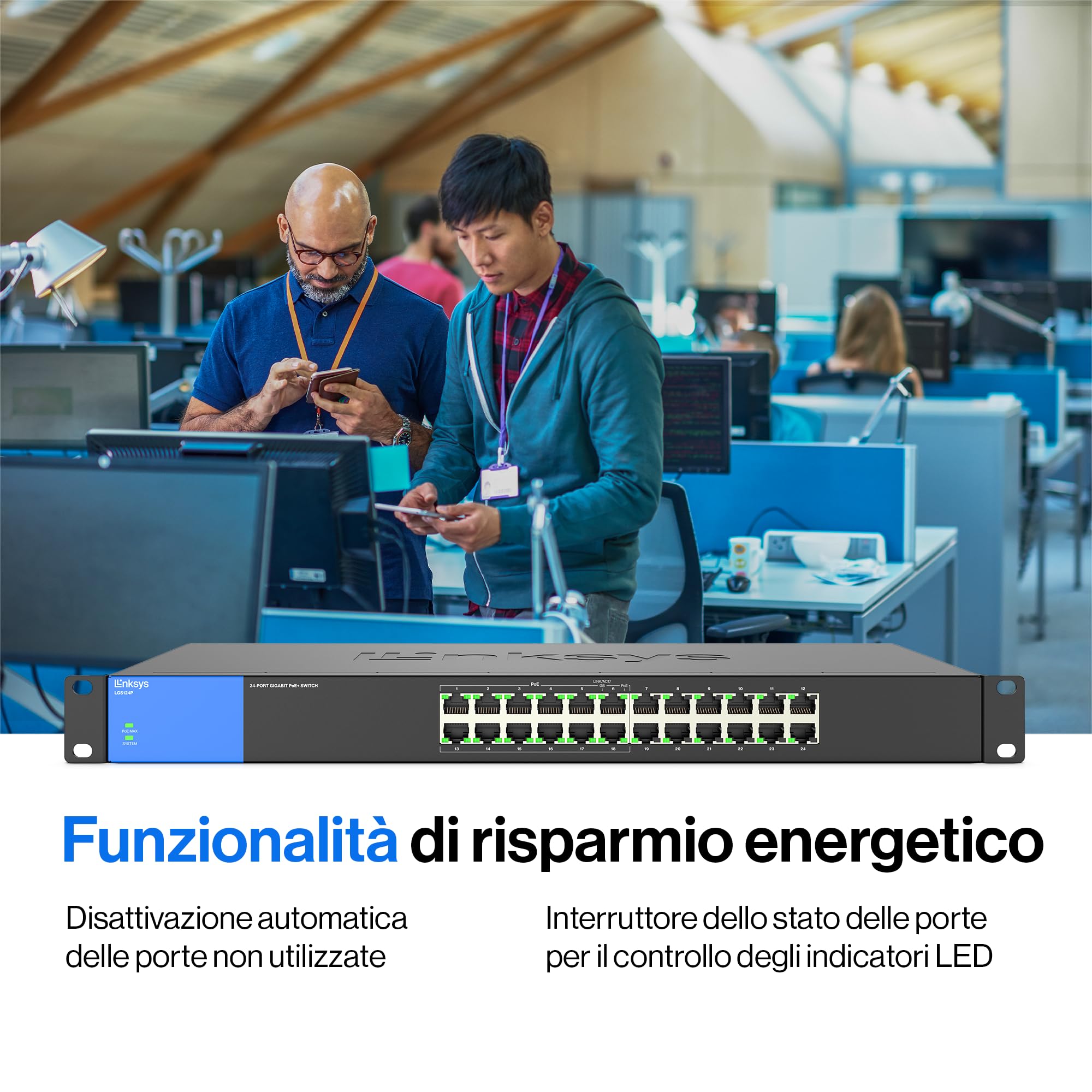 Linksys LGS124P-EU Switch di rete Gigabit PoE non gestito a 24 porte, 120 W tramite 12 porte PoE+, per aziende, uffici, sorveglianza IP, sdoppiatore Ethernet con chassis in metallo