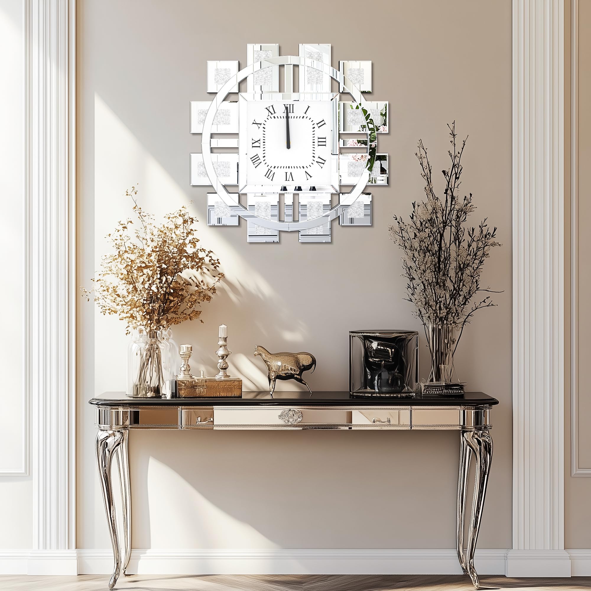 Kristall Wanduhr Groß Modern: Deko Uhren 60×60, Luxus Wohnzimmer Wanduhren Silber Tickenfreies Design Römische Ziffern für Wohnzimmer, Schlafzimmer, Küchen