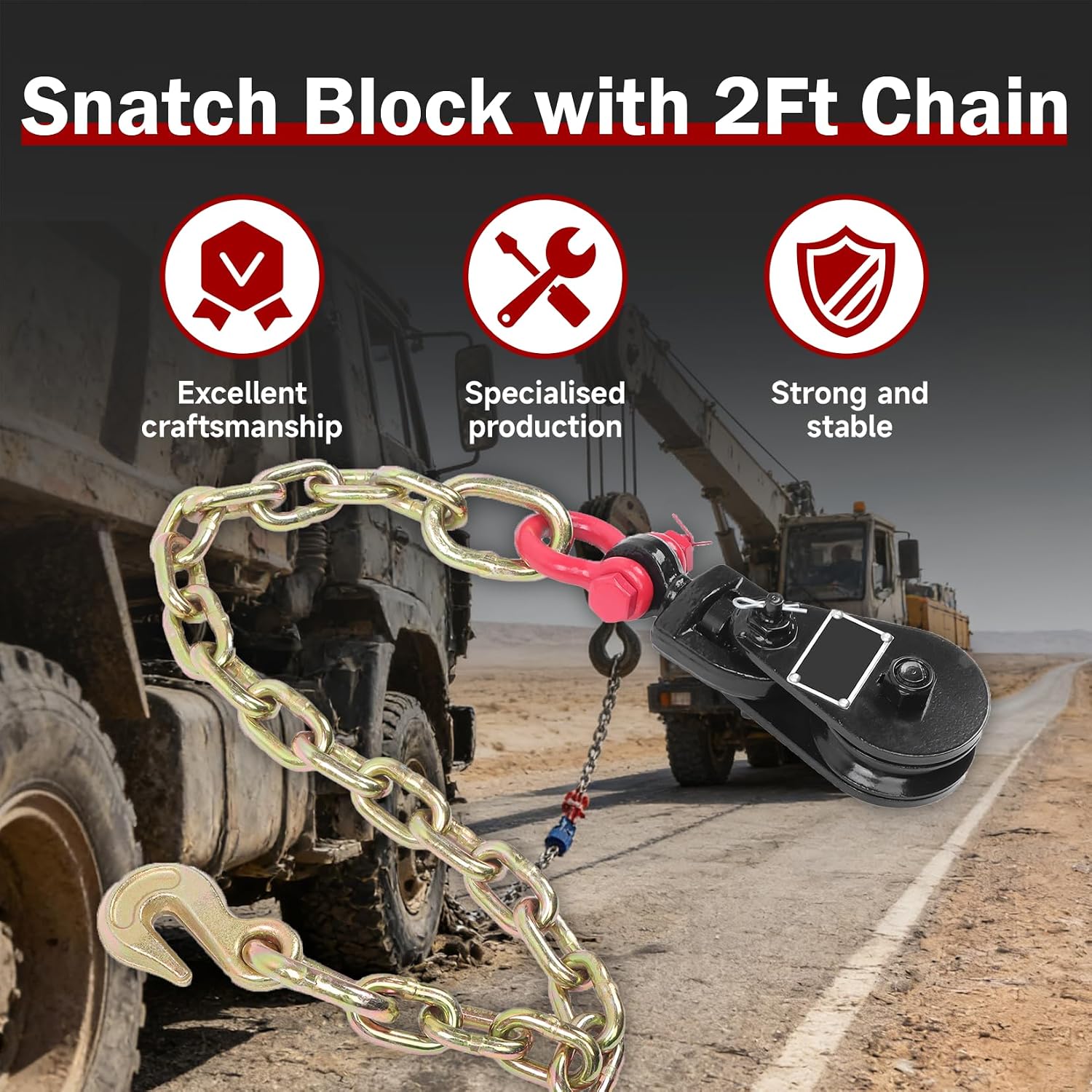 findmall 2Pack 2 Ton G70 Snatch Block with 2Ft Chain 3 Inch Sheave for 3/8 Inch Wire Rope Black Flatbed Tow Truck Rollback Wrecker for Towing and Recovery