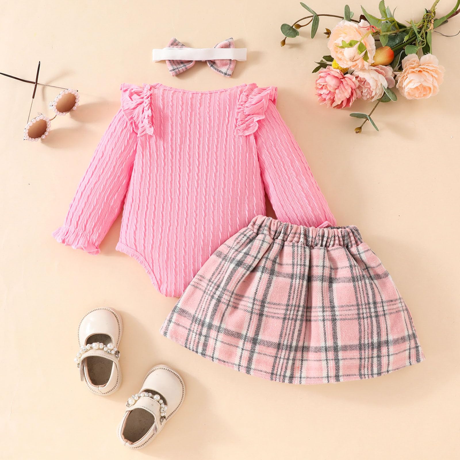 Generisch Survêtement pour enfant fille - Ensemble de sport pour bébé fille - Manches longues - Volants côtelés - Grenouillère - Plaid Bowknot - Jupes