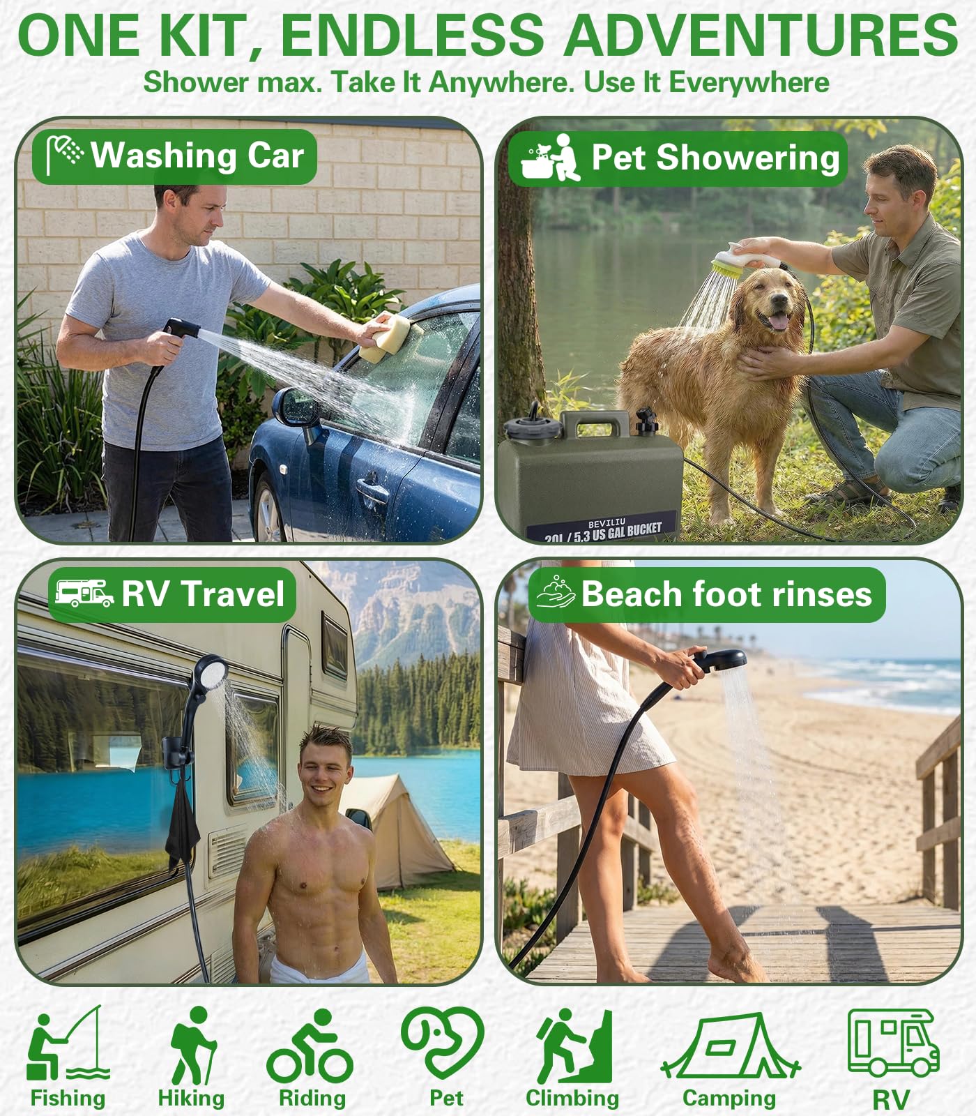 Beviliu Tragbare Campingdusche, 6000 mAh wiederaufladbare Duschpumpe mit 5,5 Gallonen Wassertank, IPX8 wasserdichte Outdoor-Ausrüstung, tragbare Dusche für Camping, Wandern, Reisen, Auto, Haustier