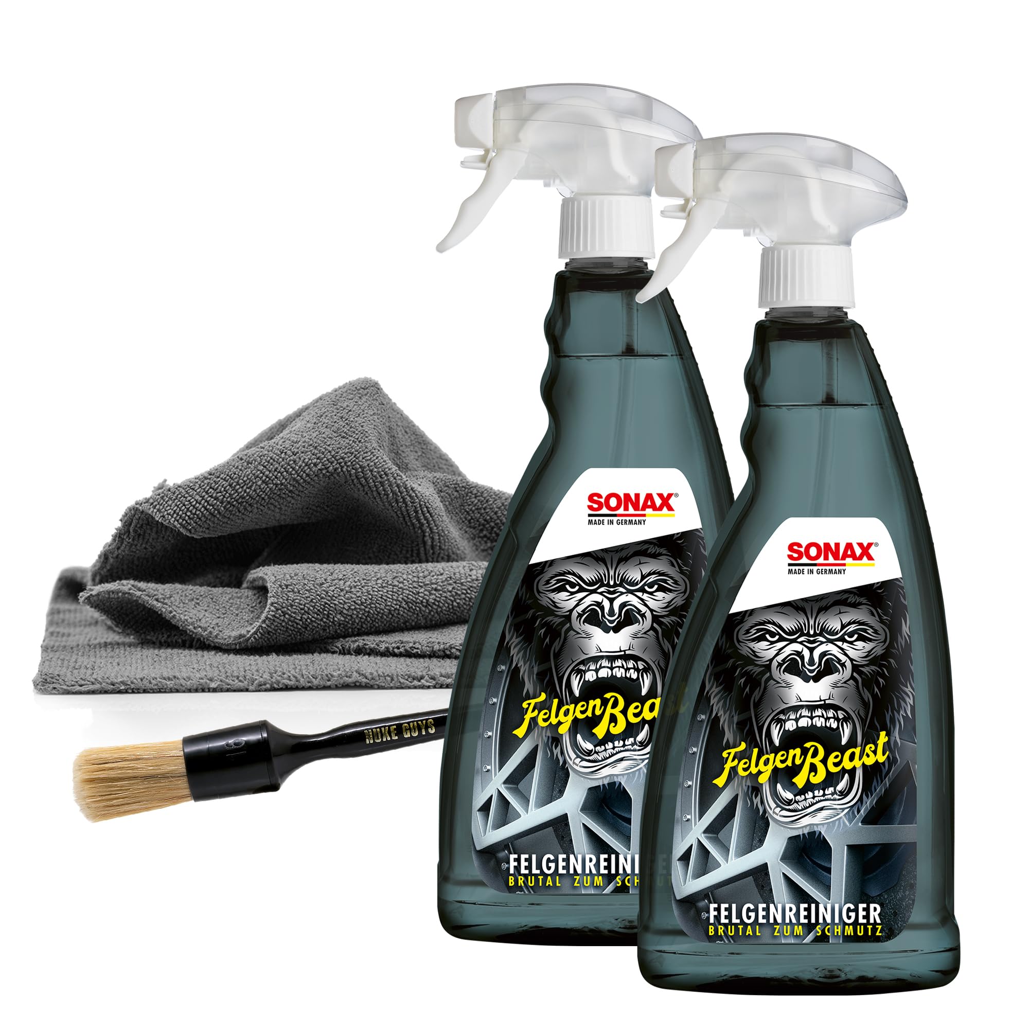 detailmate Felgen Reiniger Set - 2X SONAX FelgenBeast Felgenreinger 1L + Allrounder Mikrofasertuch 40x40cm, 380 GSM + Nuke Guys Reinigungspinsel