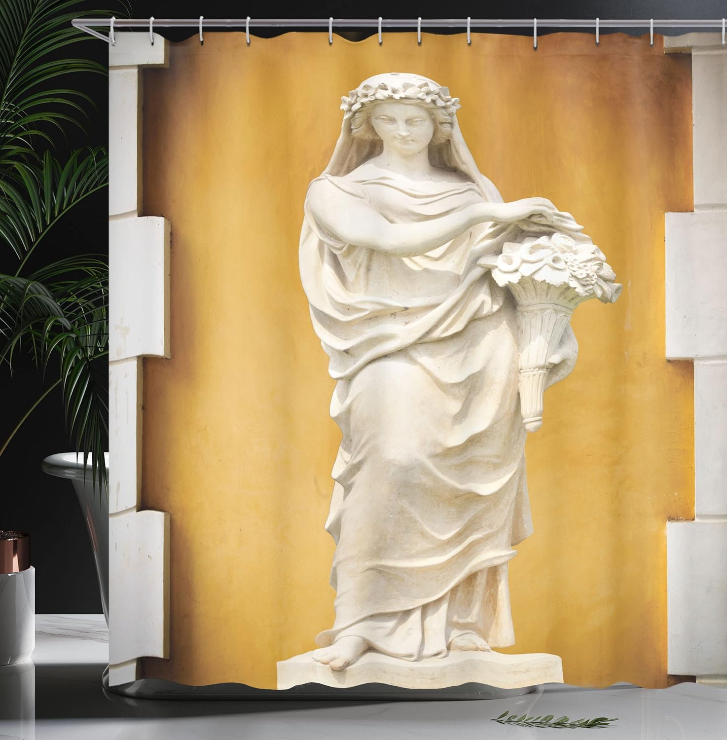 Ambesonne Retro Shower Curtain, Greece and Rome Concept Women Sculpture Picture Flower Bouquet Historic Roman Ancient Print, Cloth Fabric Bathroom Decor Set with Hooks, 69" W x 84" L, Apricot Ivory