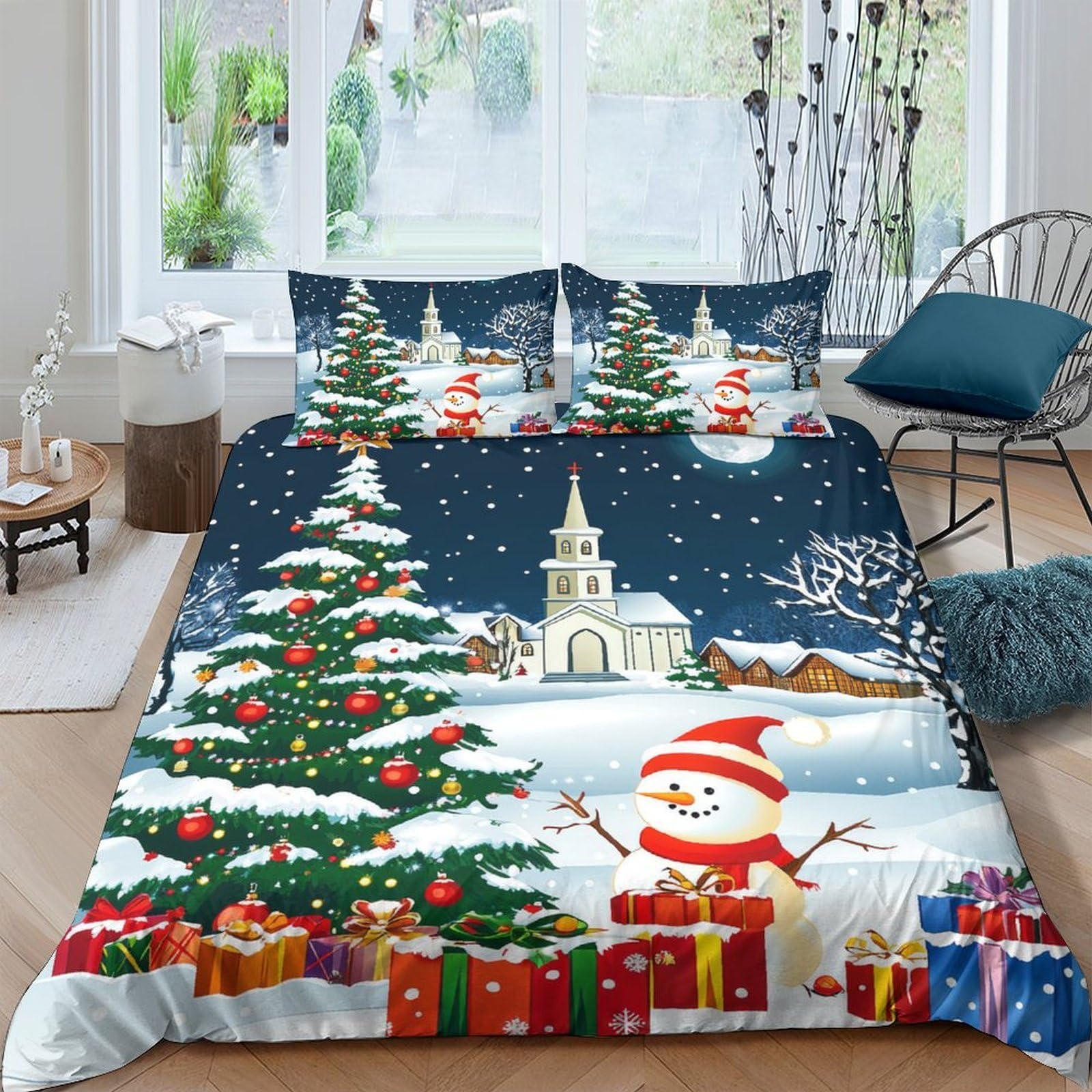 Ctjqhvkz Style-8 3D Printed Christmas Tree Fitted Sheet Microfiber Festive Snowman Bed Cover For Bedroom Guestroom Decor Single（135X200cm）