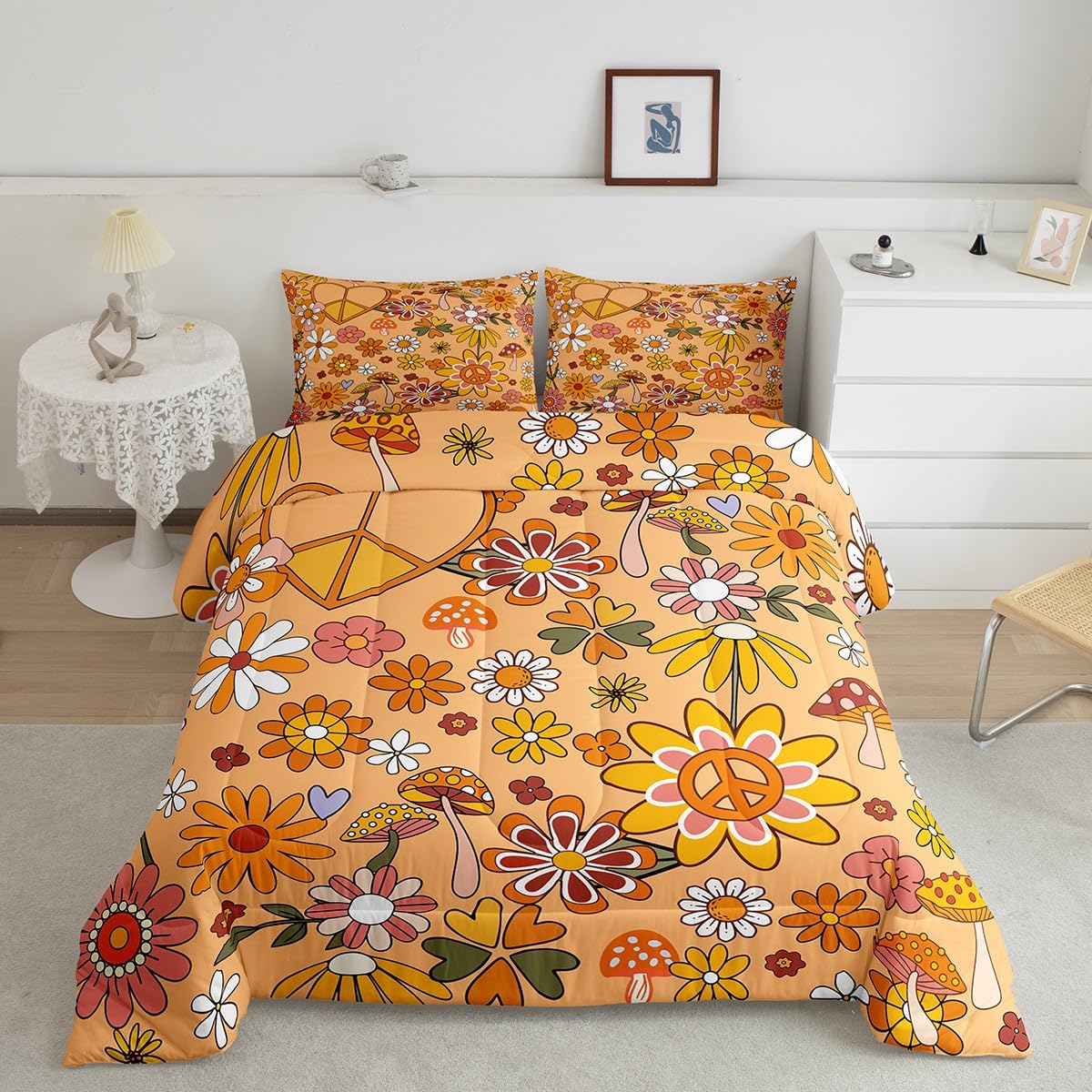 Groovy Style Comforter Set Queen Size,Vintage 60s 70s Flower Doodle Bedding Set for Teens Youth,Cartoon Daisy Love Peace Themed Quilt Set,Funky Rainbow Flowers Duvet Insert with 2 Pillowcases