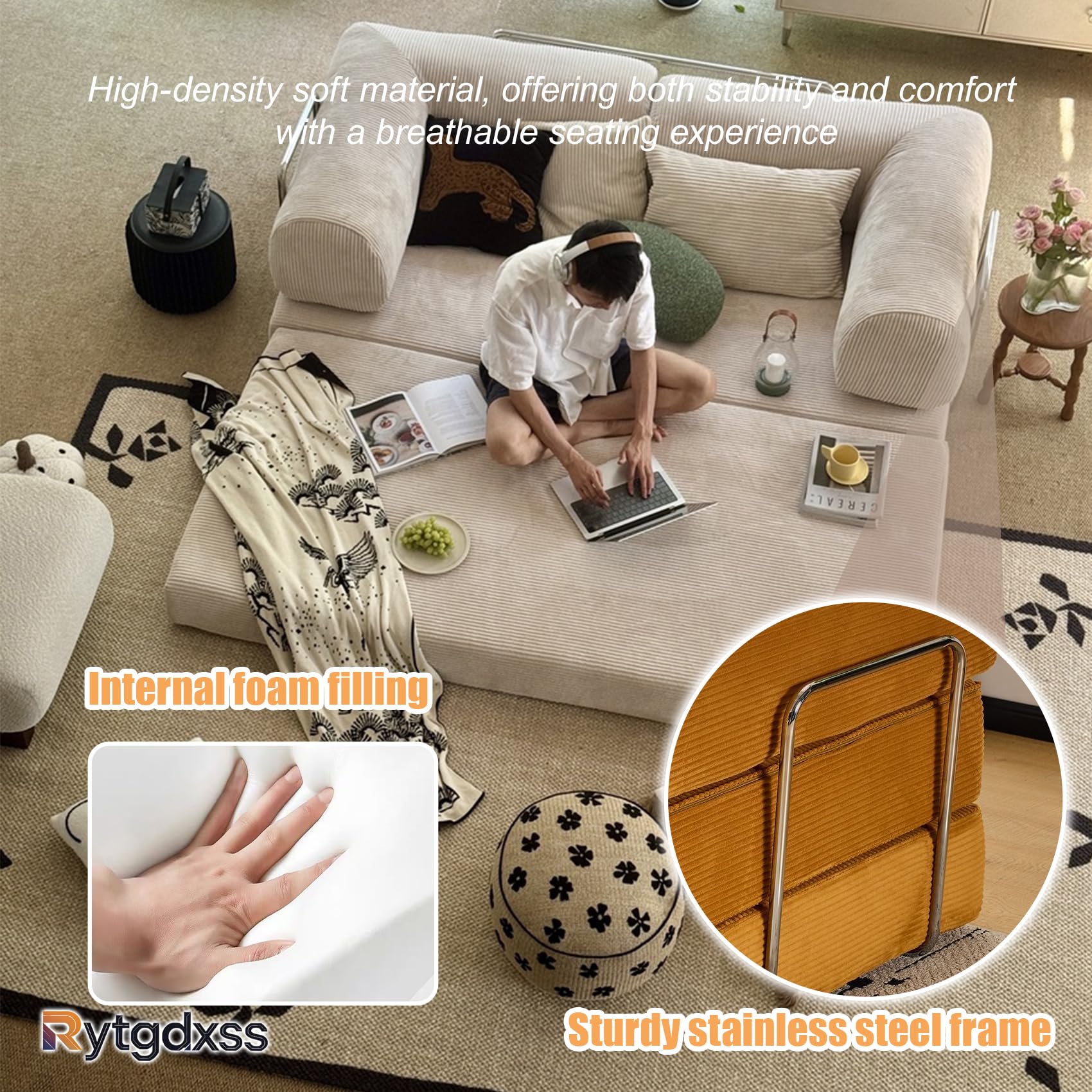 Schlafsofa aus Cord – 2-Sitzer klappbar zum Bodensofa mit Vollschaum – inkl. 2 Kissen & Stahlgestell – Beige,220 cm breit – Boneless,ohne Aufbau(Beige) L:220cm
