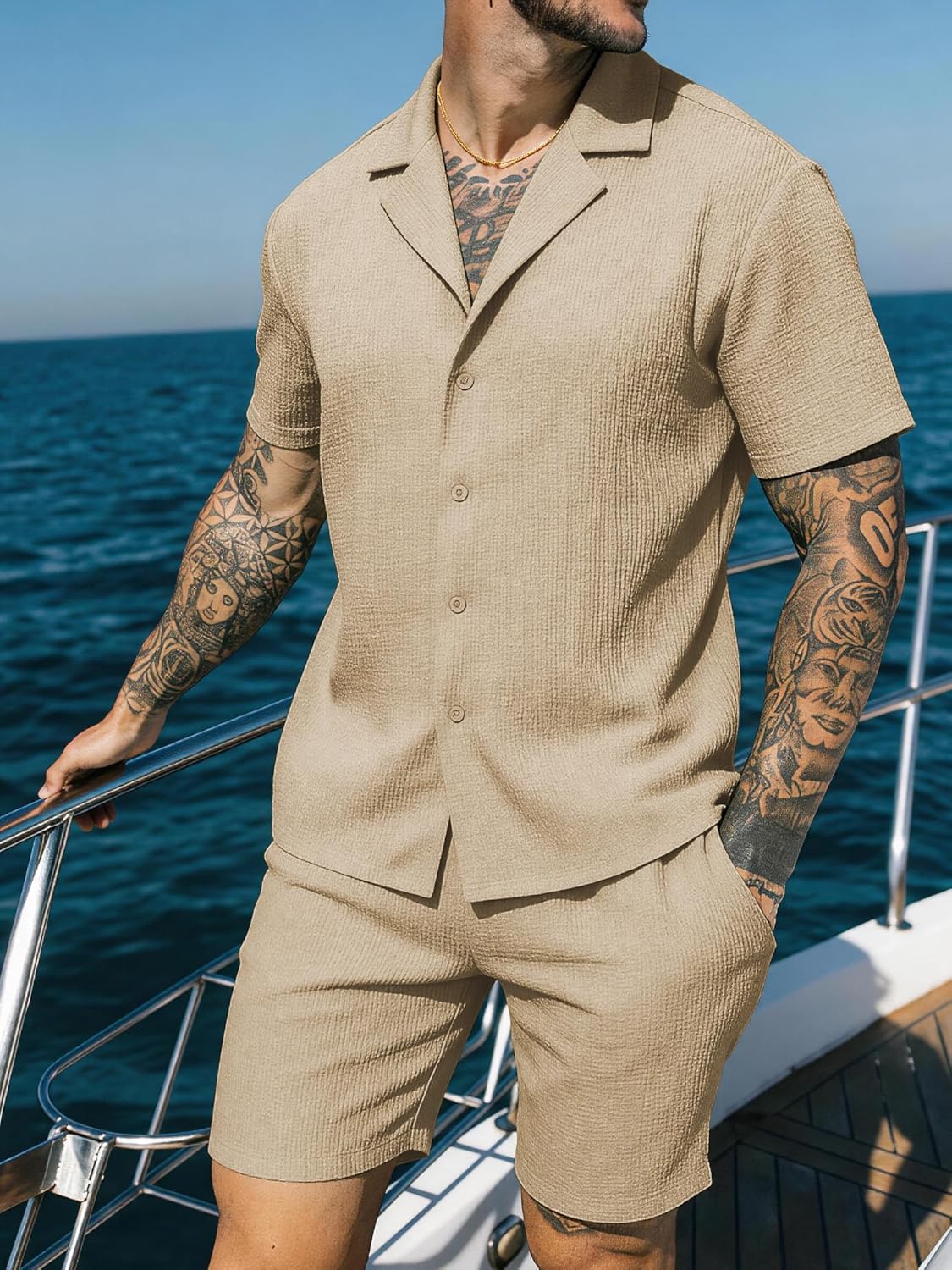 JEMLDL Men's 2 Piece Shorts Set Summer Beach Outfits Short Sleeve Button Down Shirts Vacation Textured Sets