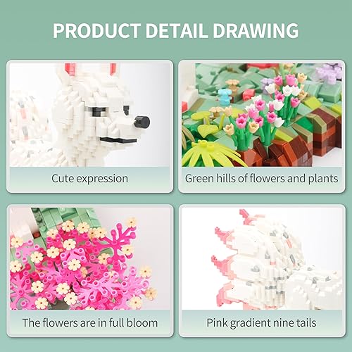 Juego de micro bloques de construcción de animales del bosque para adultos, soporte de zorro de nueve colas en el césped, flores y árboles, 4160