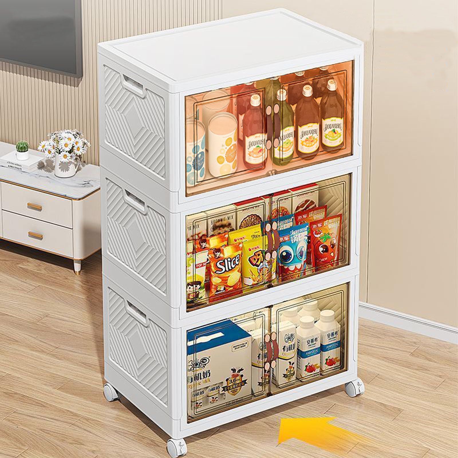 MECOLOR Armoires de rangement en plastique avec roulettes, 5 x 63 L, bacs empilables avec couvercles, boîte pliable avec portes, organiseur pliable pour dortoir