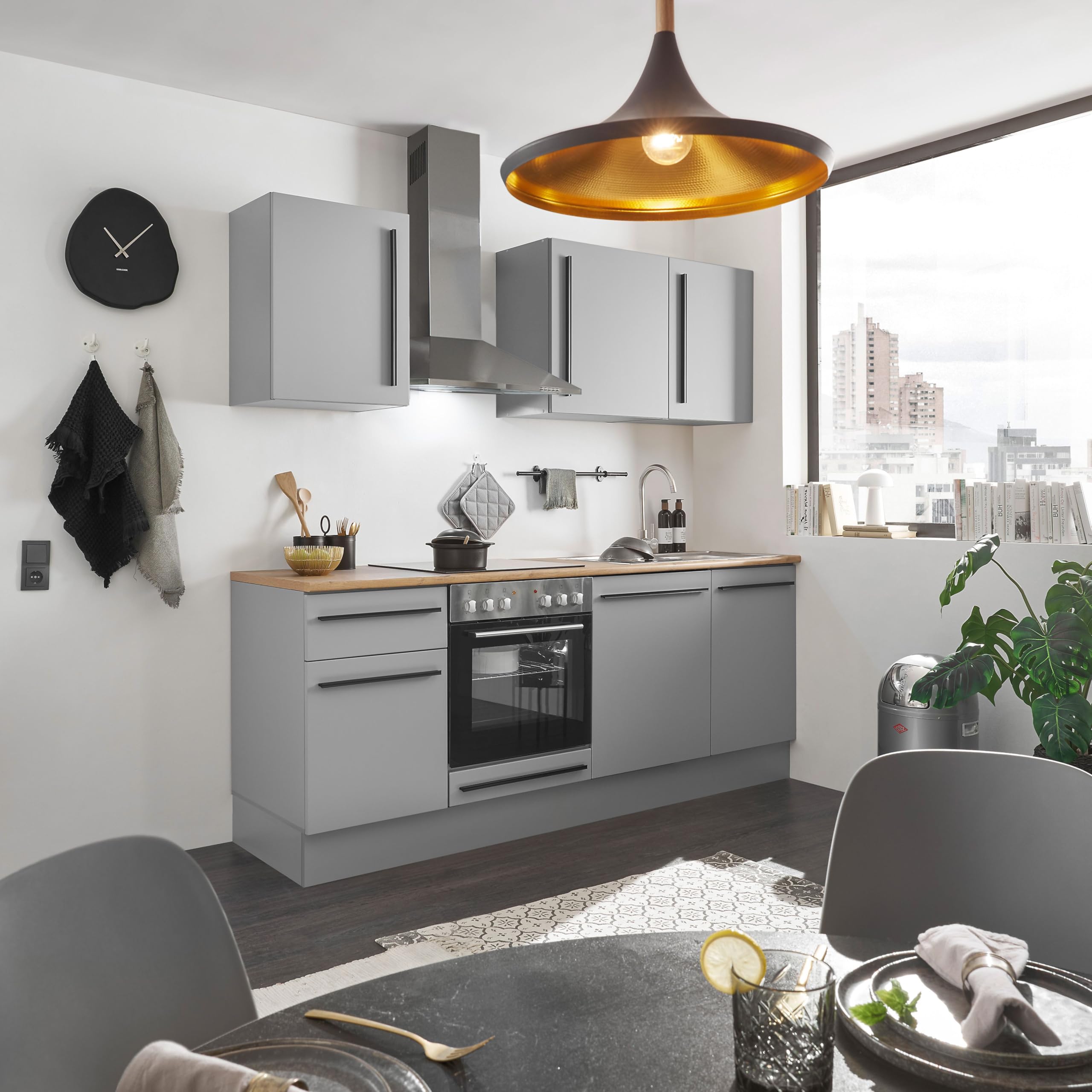 Denver Moderne Küchenzeile ohne Elektrogeräte in Grau, Lancelot Eiche Optik - Geräumige Einbauküche mit viel Stauraum - 220 x 211 x 60 cm (B/H/T)