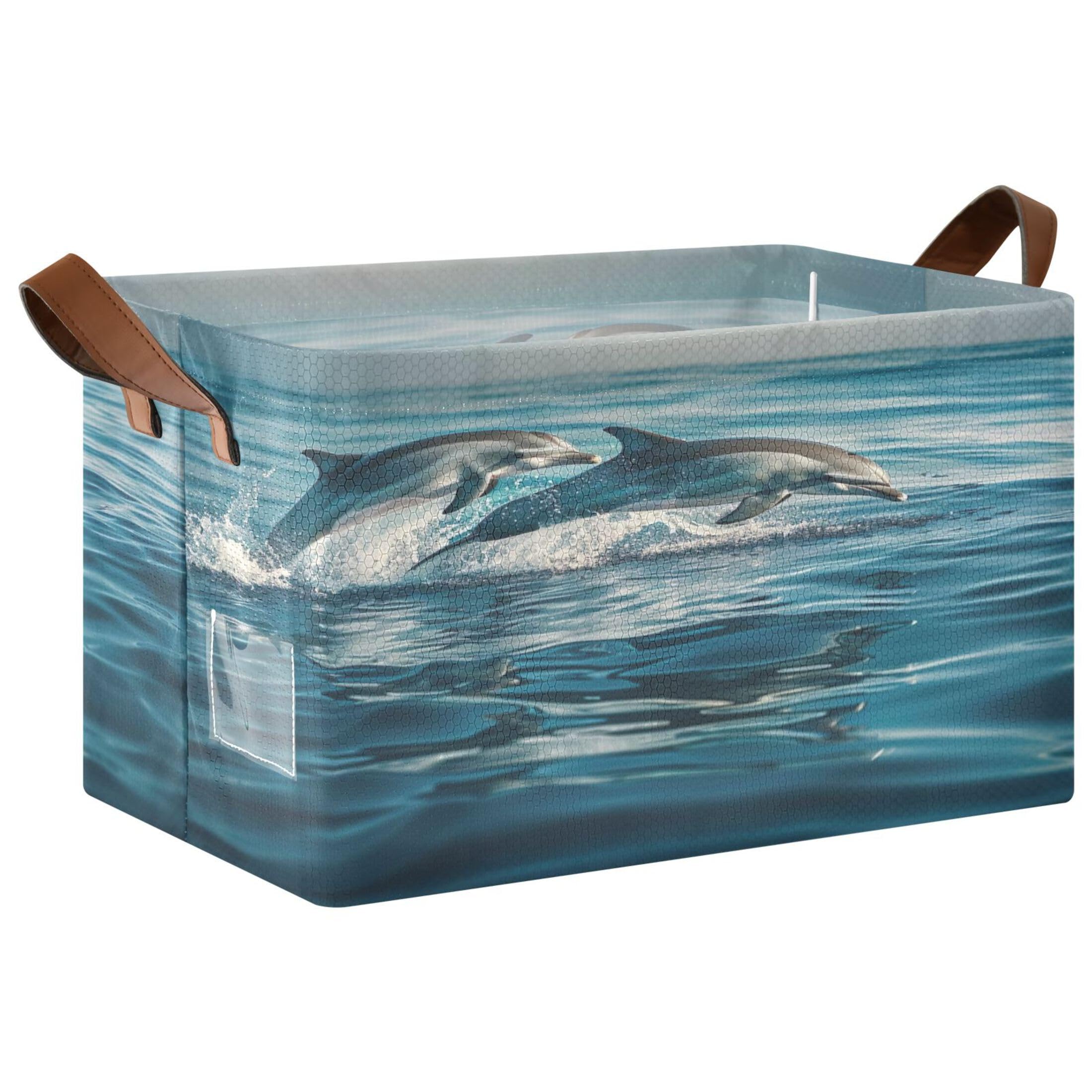 Kutsu Foldable Storage Basket Dolphins Collapsible Storage Bin with Handles for Shelves, Rectangle Basket for Home Nursery Decor, 16.9x11.4x10 in