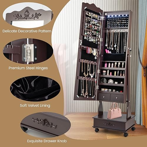 Miniatura 8 de CHARMAID Armario de joyería con 6 luces LED con espejo de longitud completa armario de joyería con cerradura con ruedas cajón inferior caja