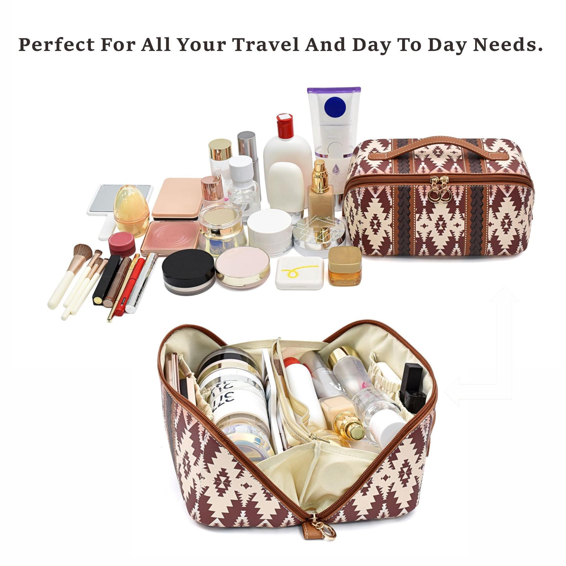 Neceser Maquillaje Bolsa de Maquillaje Estilo Bohemio con diseño de Bloques de Colores, versátil y Abierta con Divisor. Viaje(Light Brown)