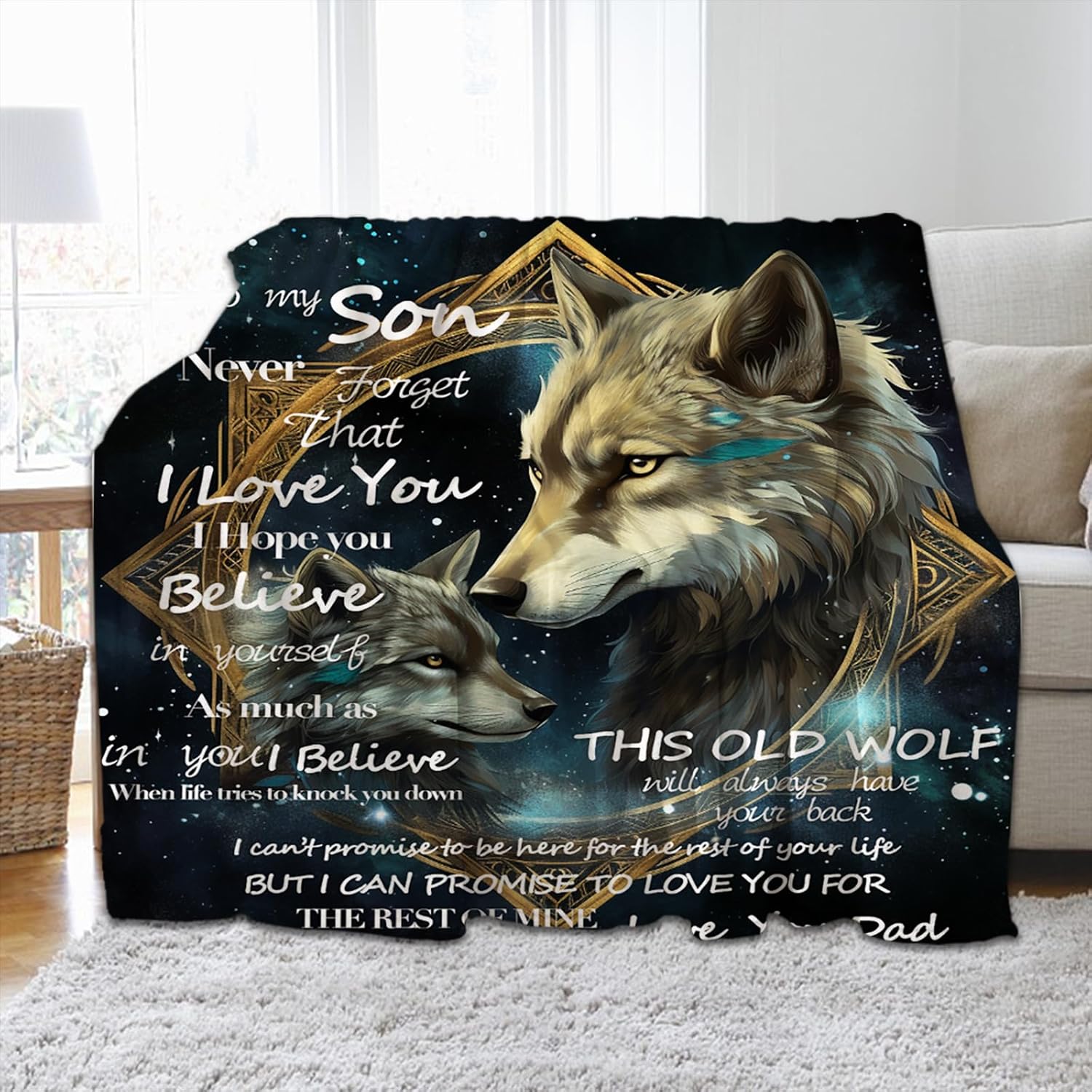 TheBlackSpot to My Son Wolf Boho Flower Throw Blanket from Dad Graduation Birthday Gifts Soft and Comfortable Fleece Flannel Big Blanket for Bedding Office Sofa Chair Decor Gift (60 x 80 inches)