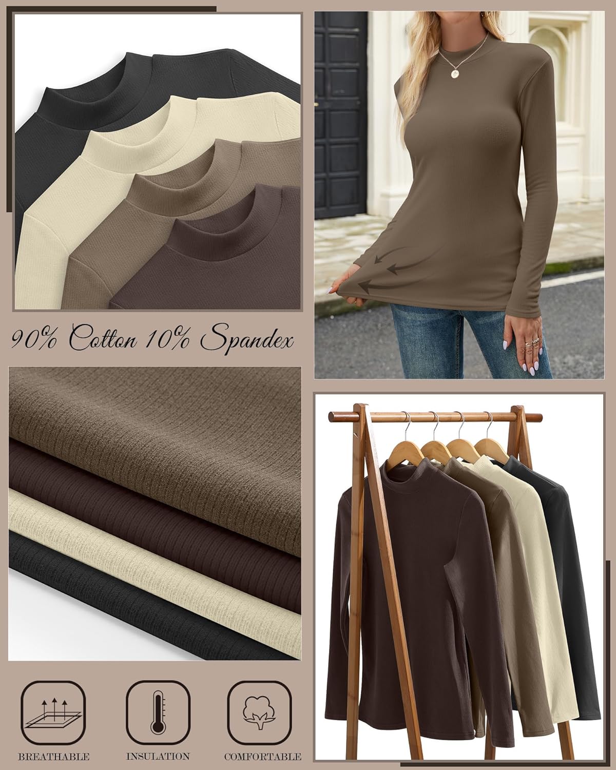 4 Pack Women's Mock Neck Long Sleeve Tops Ribbed Slim Fitted Cotton Thermal Shirts Casual Stretch Tight Base Layer - Image 6