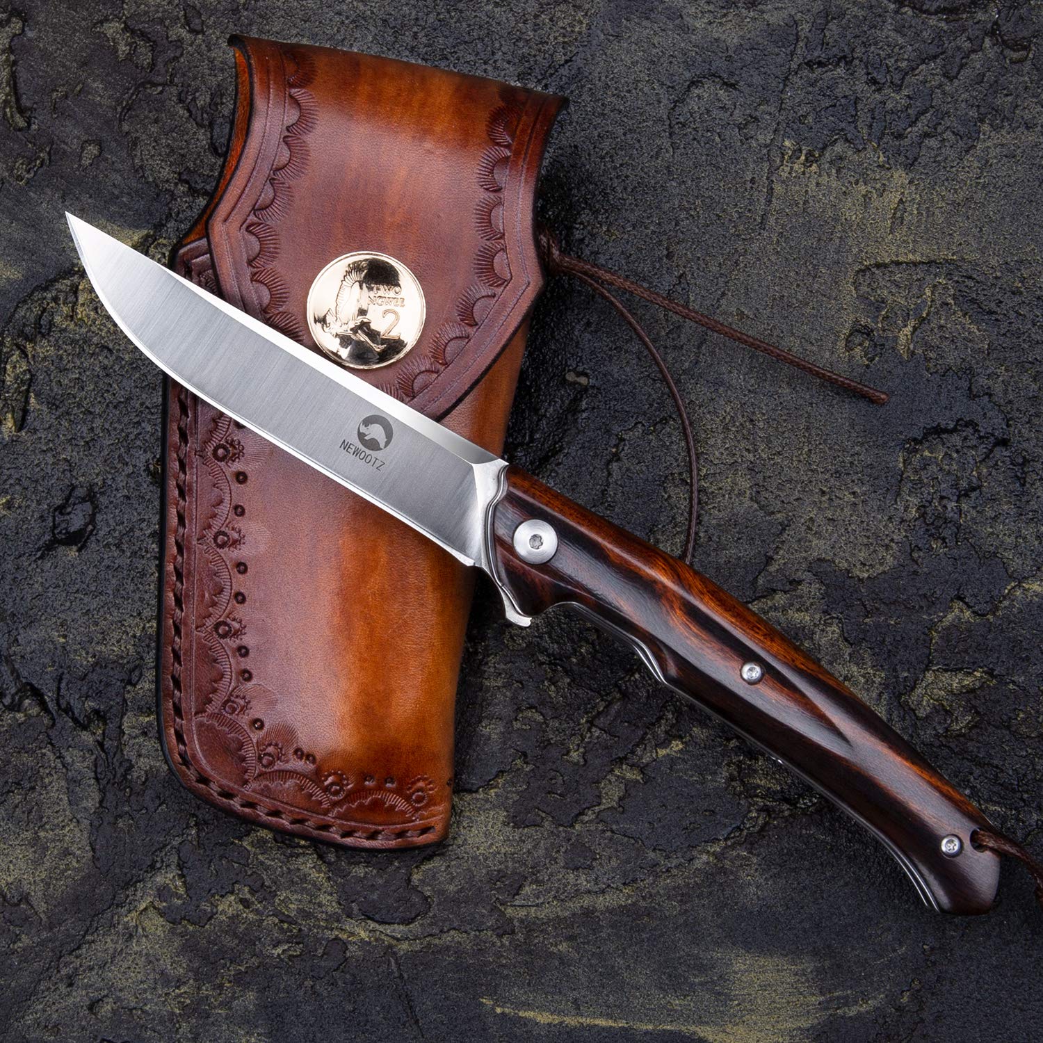 NEWOOTZ Bohler M390 Steel Folding Pocket Knife with Leather Sheath