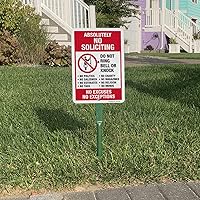 Vista 4 de SmartSign cartel de 10" x 7" "Absolutely No Soliciting - Do Not Ring Bell Or Knock, No Exceptions" para jardín y kit de estaca de 18 pulgadas, Rojo